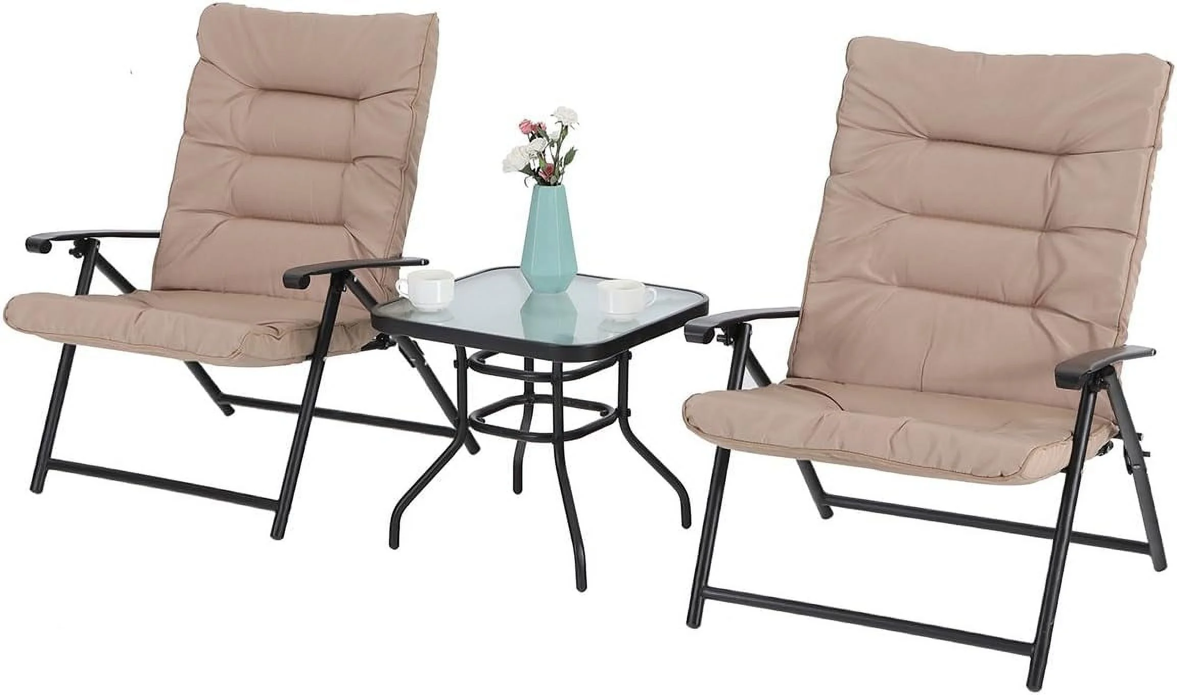 3 PCS Patio Bistro Set Outdoor Furniture Folding Chairs Set with Beige Cushions, 2 Adjustable Reclining Chairs & 1 Tempered Glass Coffee Table