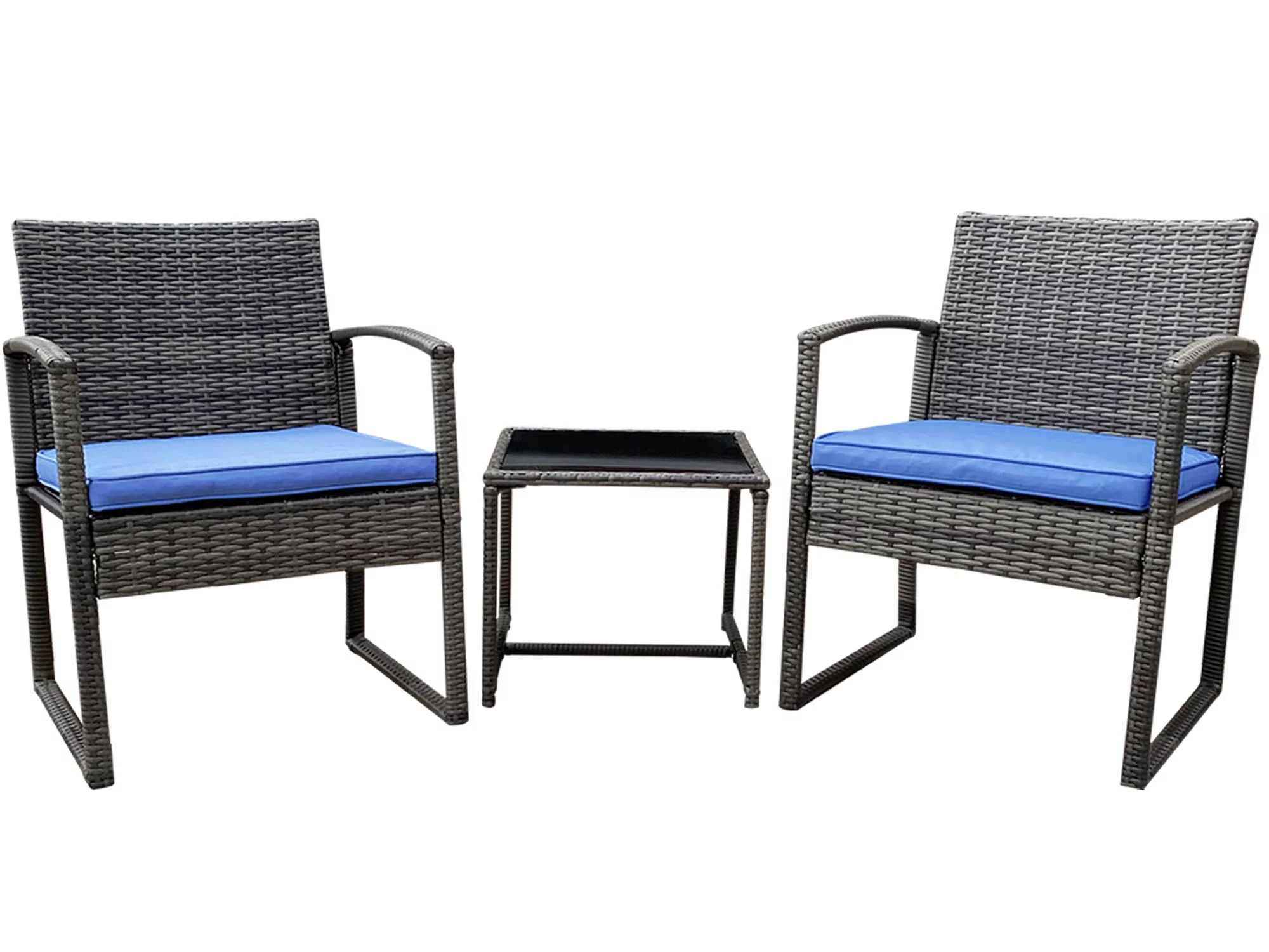 Daisy 3-Piece Rattan Furniture Set -Two Cozy Chairs With Lovely Glass Outdoor Tea Table - Dark Blue