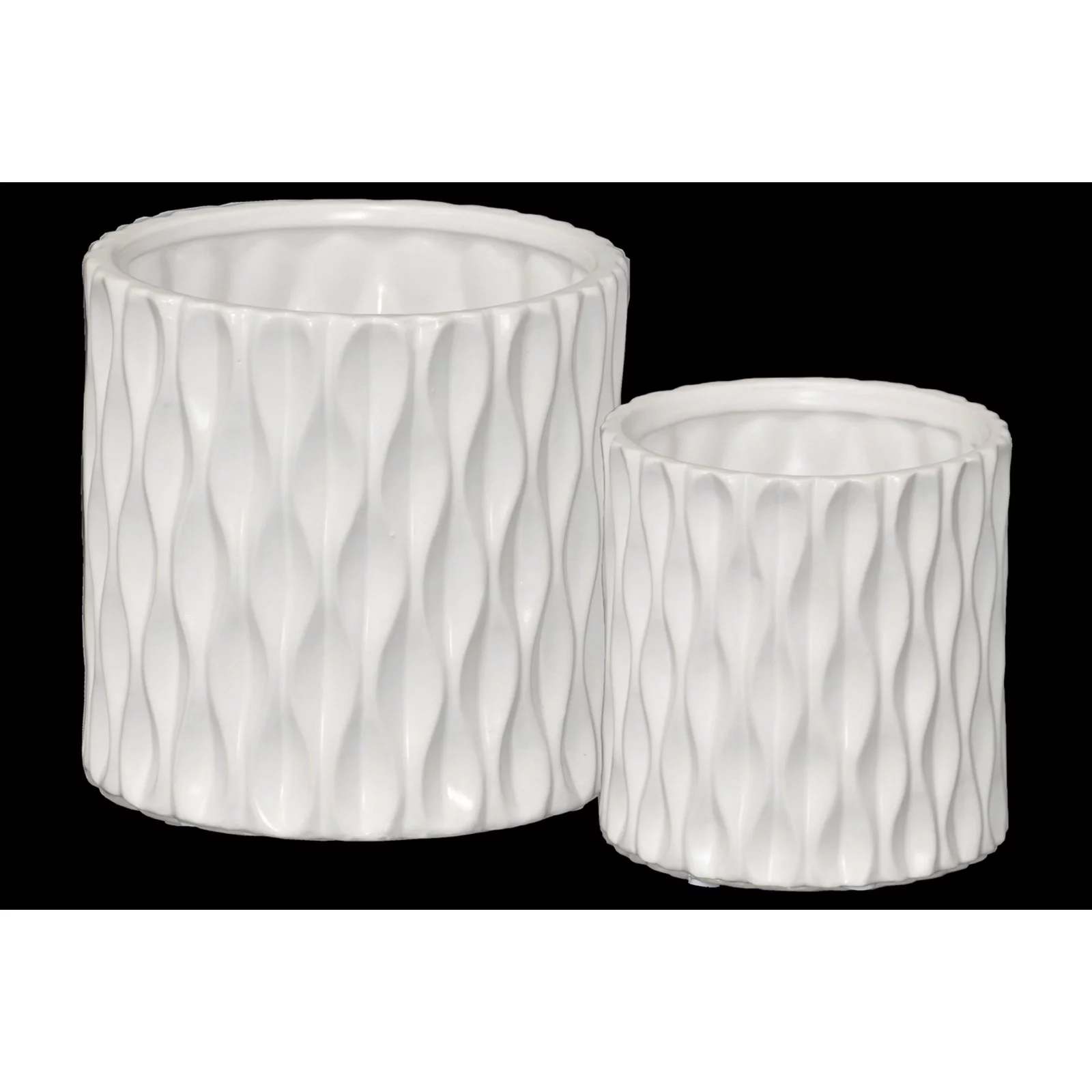 Urban Trends Ceramic Cylindrical Pot wth Wide Mouth and Embossed Wave Design Body Set of Two Matte Finish Black