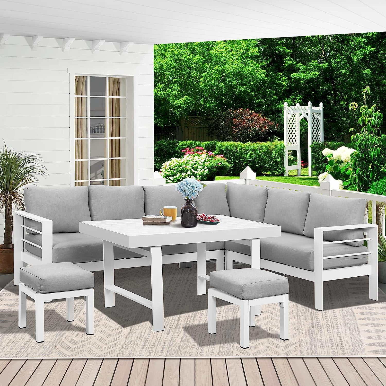 Lane Aluminum Outdoor Patio Furniture Set  Metal Outside Patio Furniture Conversation Sets with Dining Table&2 Ottomans  Sectional Sofa Couch Seating Set with Cushion for Backyard