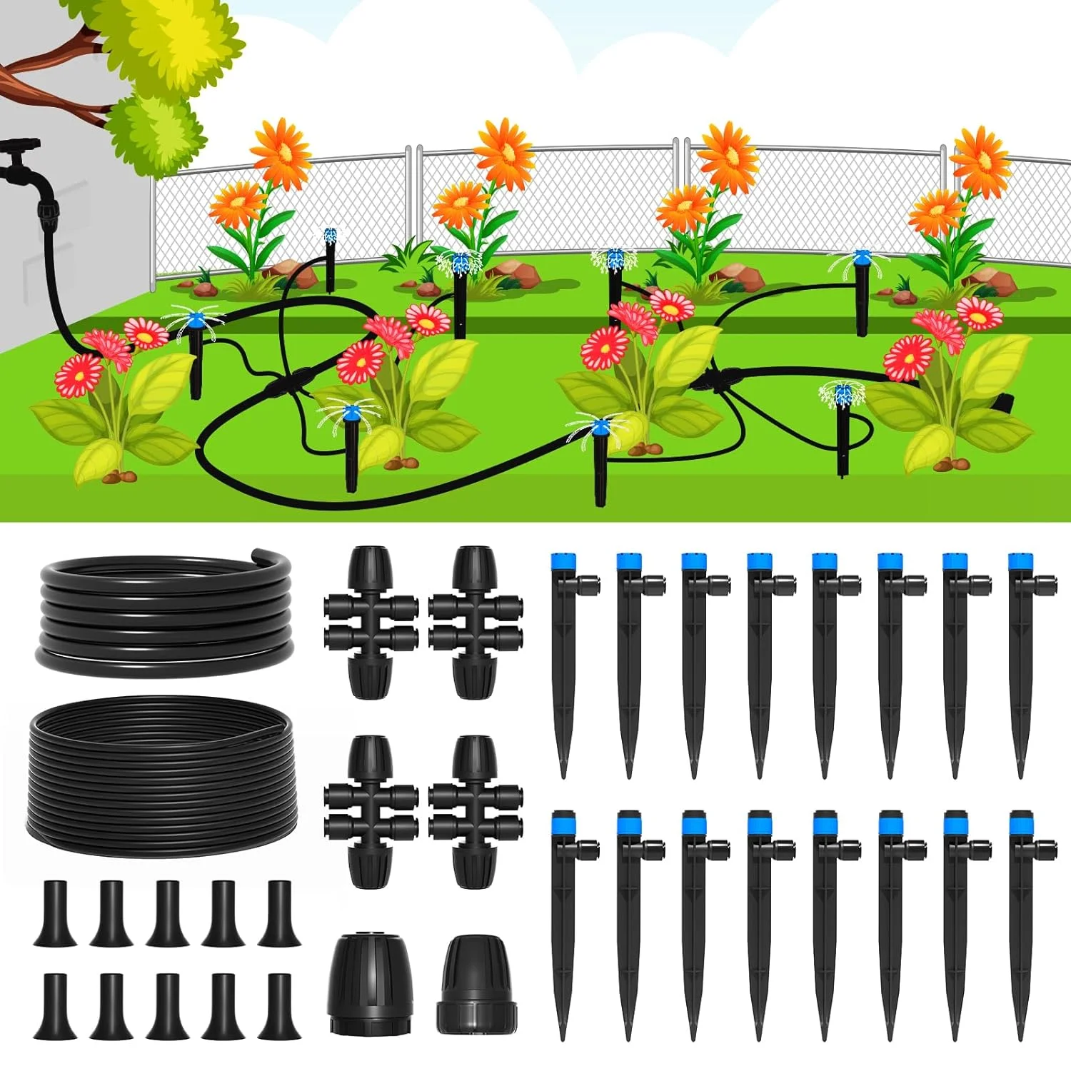 Drip Irrigation System, 95FT Quick Efficient Connector Garden Irrigation System Plants Watering System For Lawn Patio Raised Bed Automatic Irrigation Equipment With 1/2''&1/4