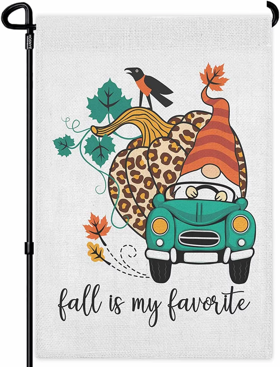 Fall is My Favorite Garden Flag Double Sided Yard Flags Large Leopard Pumpkin,Crow and Gnome on a Turquoise Car Garden Flags for Outside Outdoor Holiday Lawn Banners 28x40 Inch.[Z746]