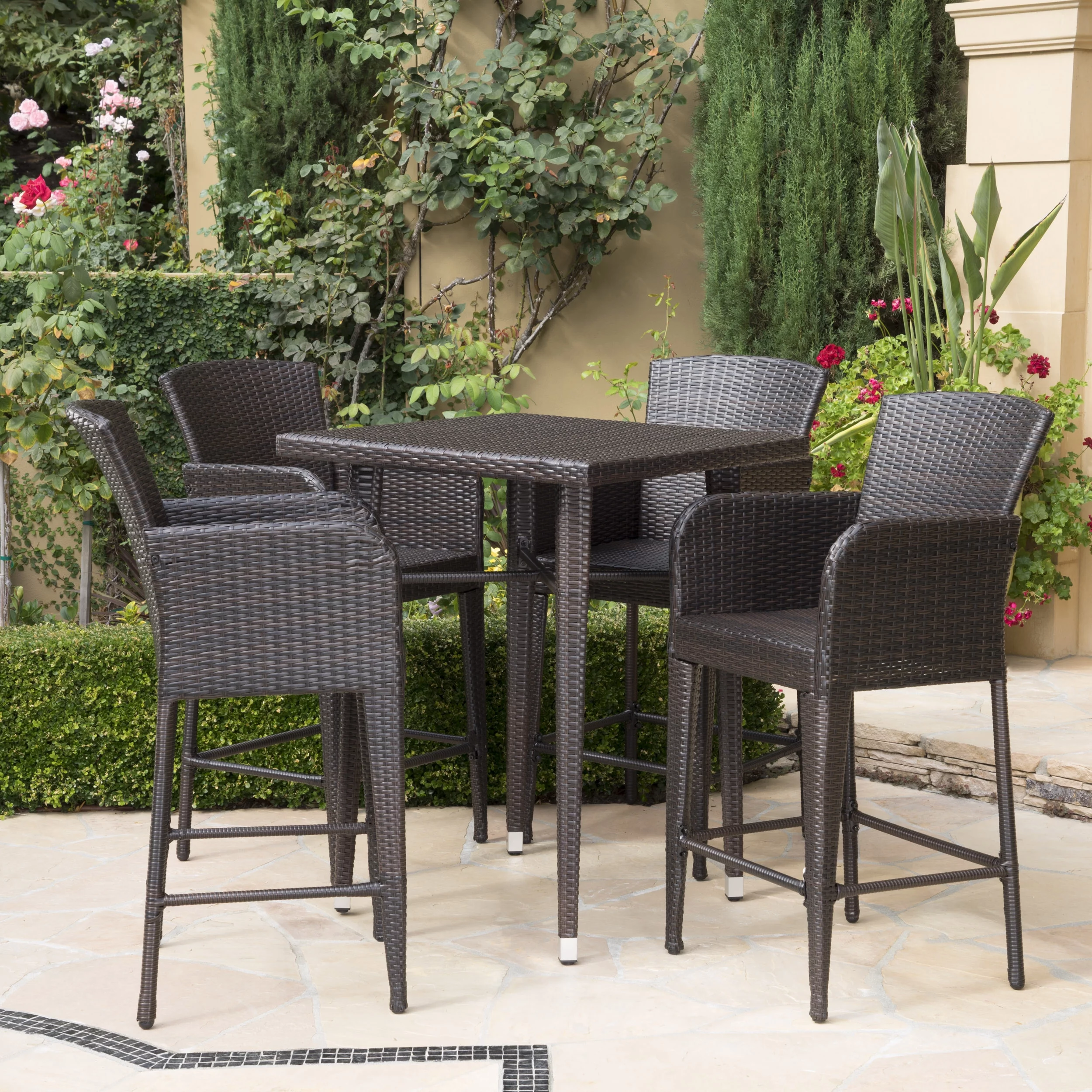 Landon Outdoor 5 Piece Wicker 32.5 Inch Square Bar Table Set, Multibrown
