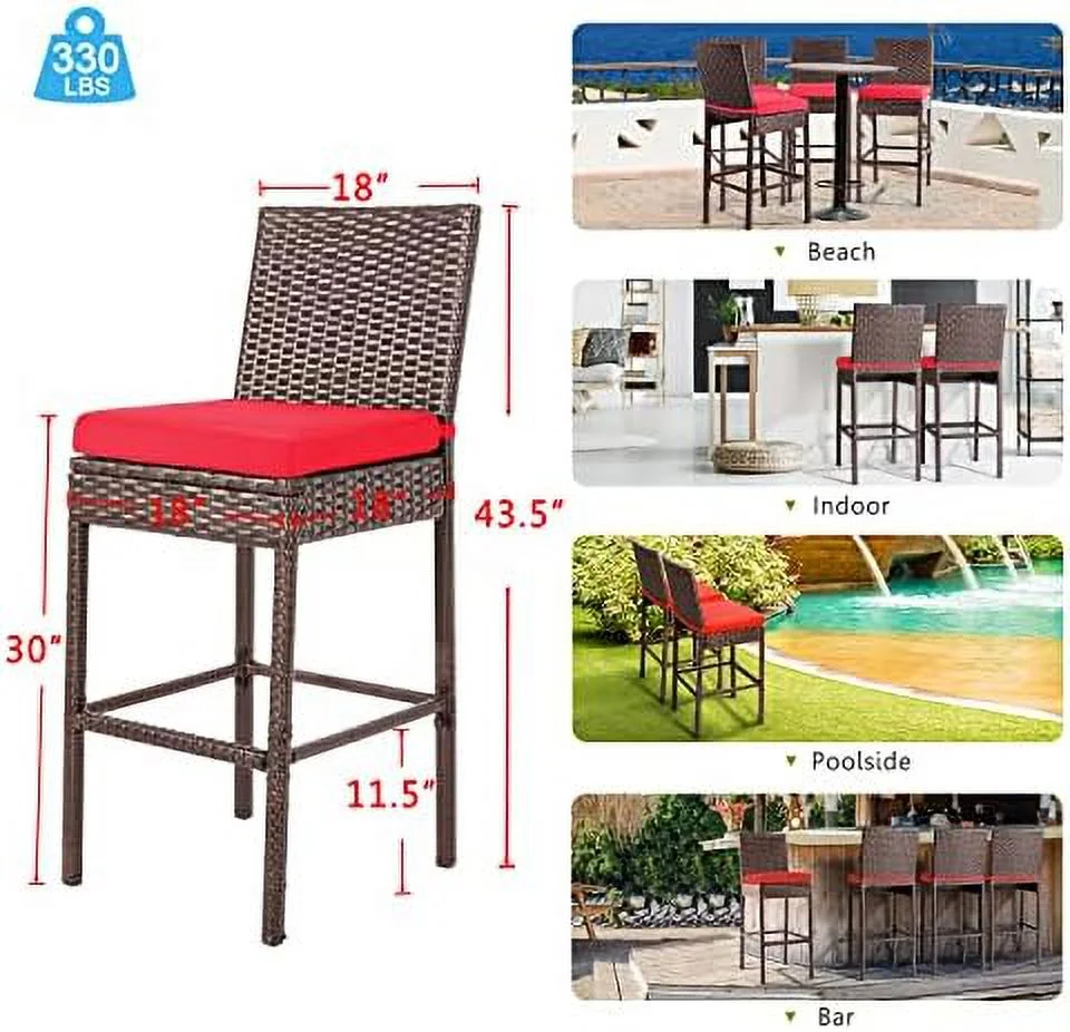 SQWERF Outdoor Patio Stools &  Chairs  Wicker Woven Outdoor  Stools  Height Chairs High Back with Footrest Armless Cushion Blue All Weather Patio Seating for Garden Pool Lawn Backyard