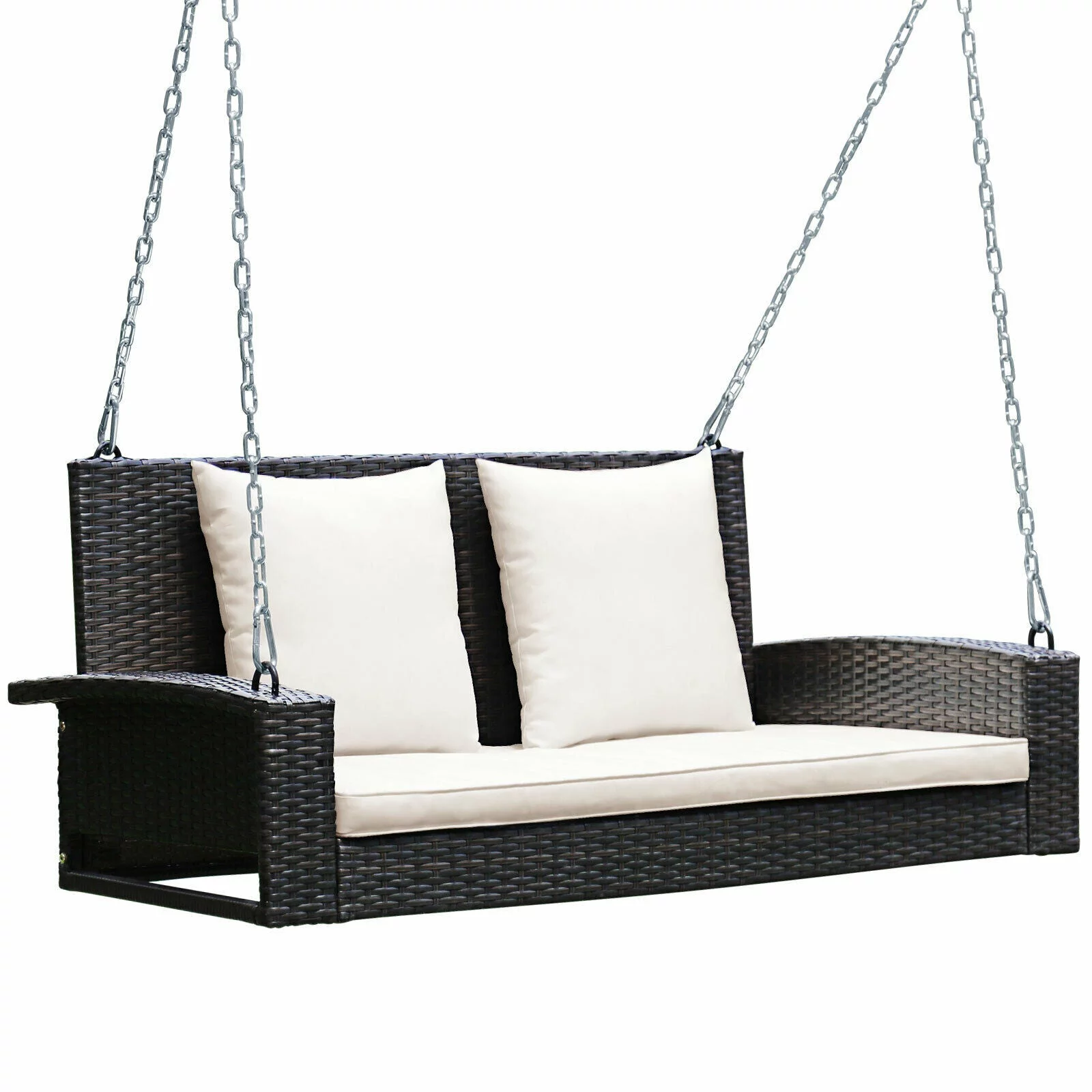 2-Person Patio Rattan Hanging Porch Swing Bench Chair Cushion