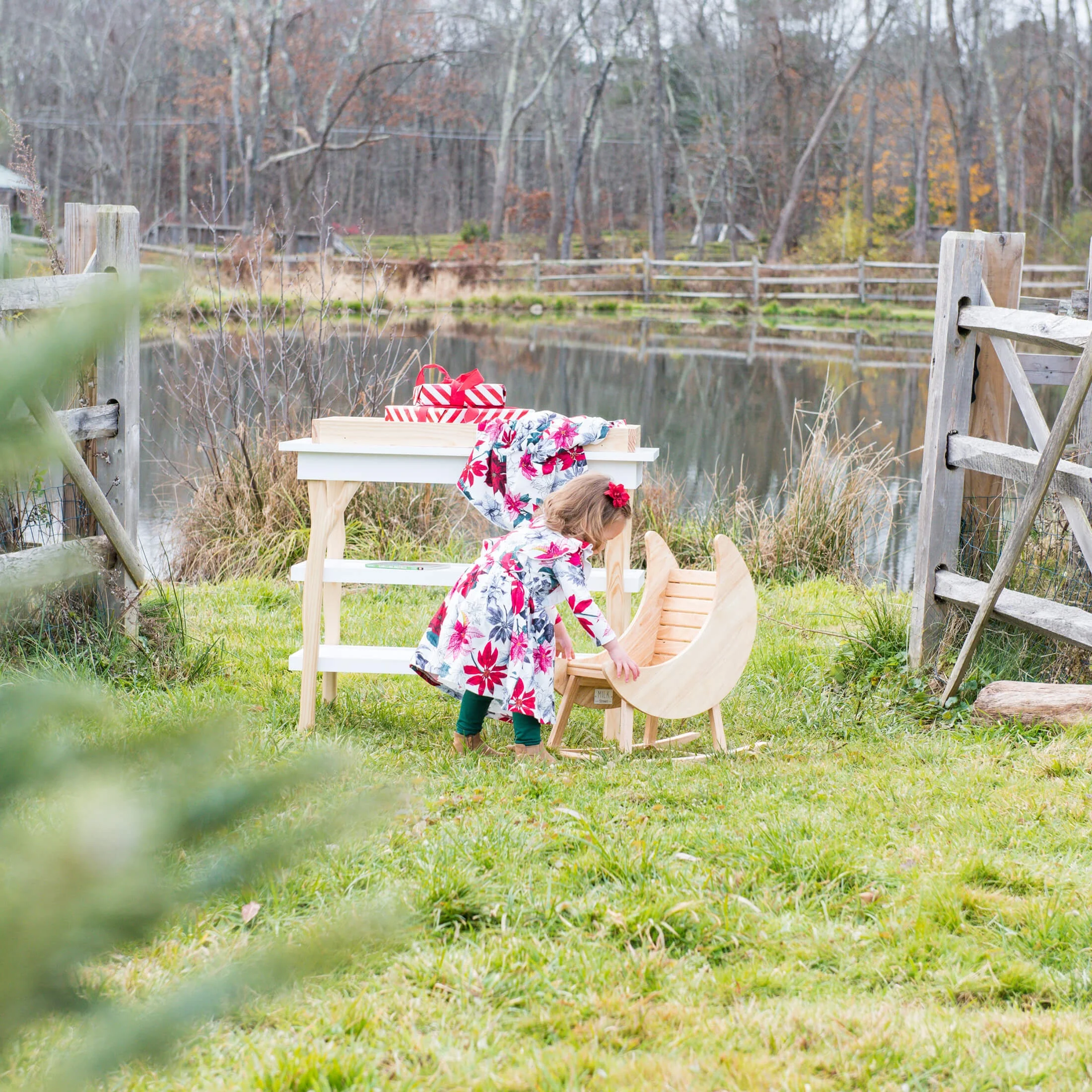 Milk Street Baby Crescent Moon Tot Rocker in Acacia with Snow GREENGUARD GOLD CERTIFIED FINISHES