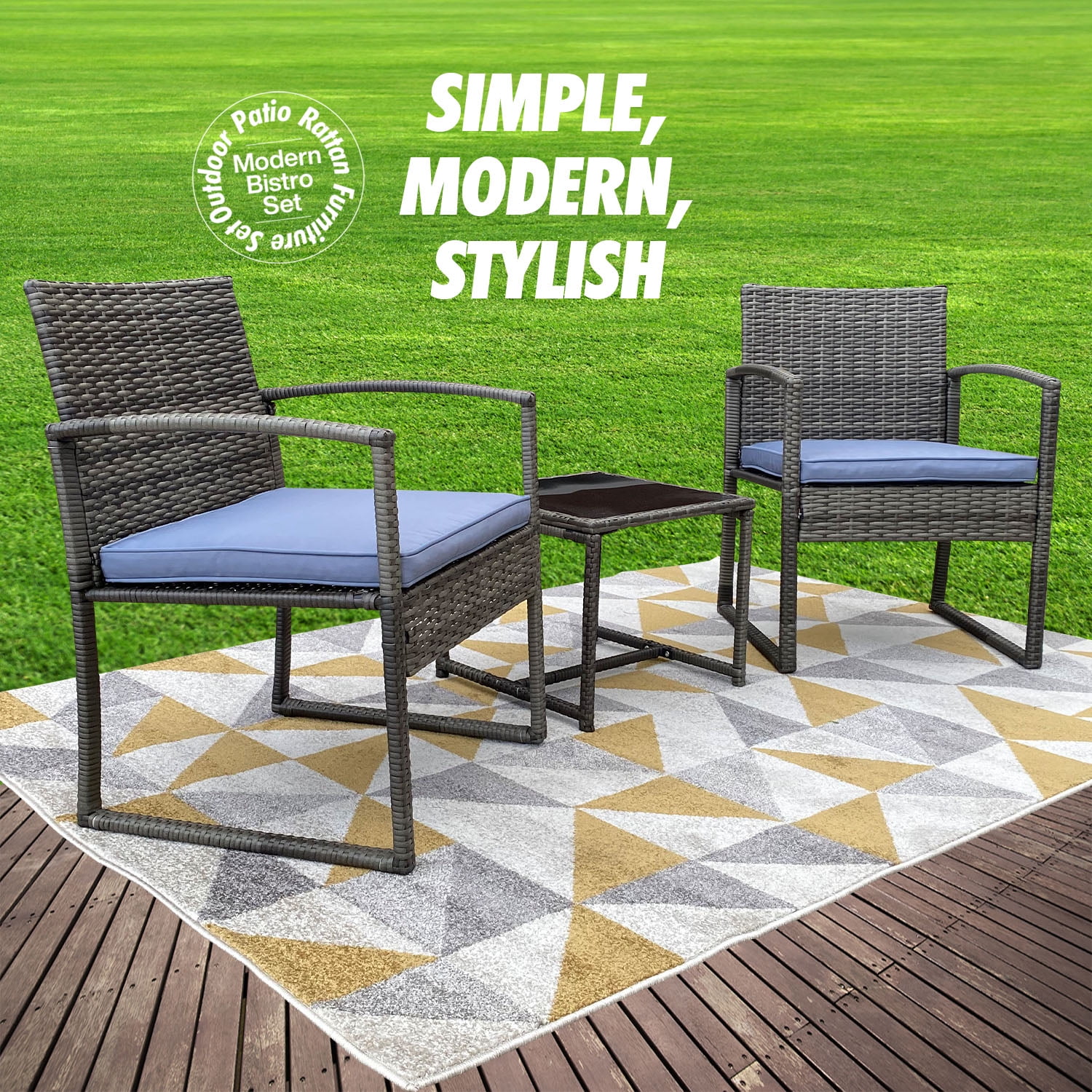 Ozy 3-Piece Rattan Stylish Sturdy Furniture Set -2 Elegant Chairs With Solid Glass Coffee Table - Gray