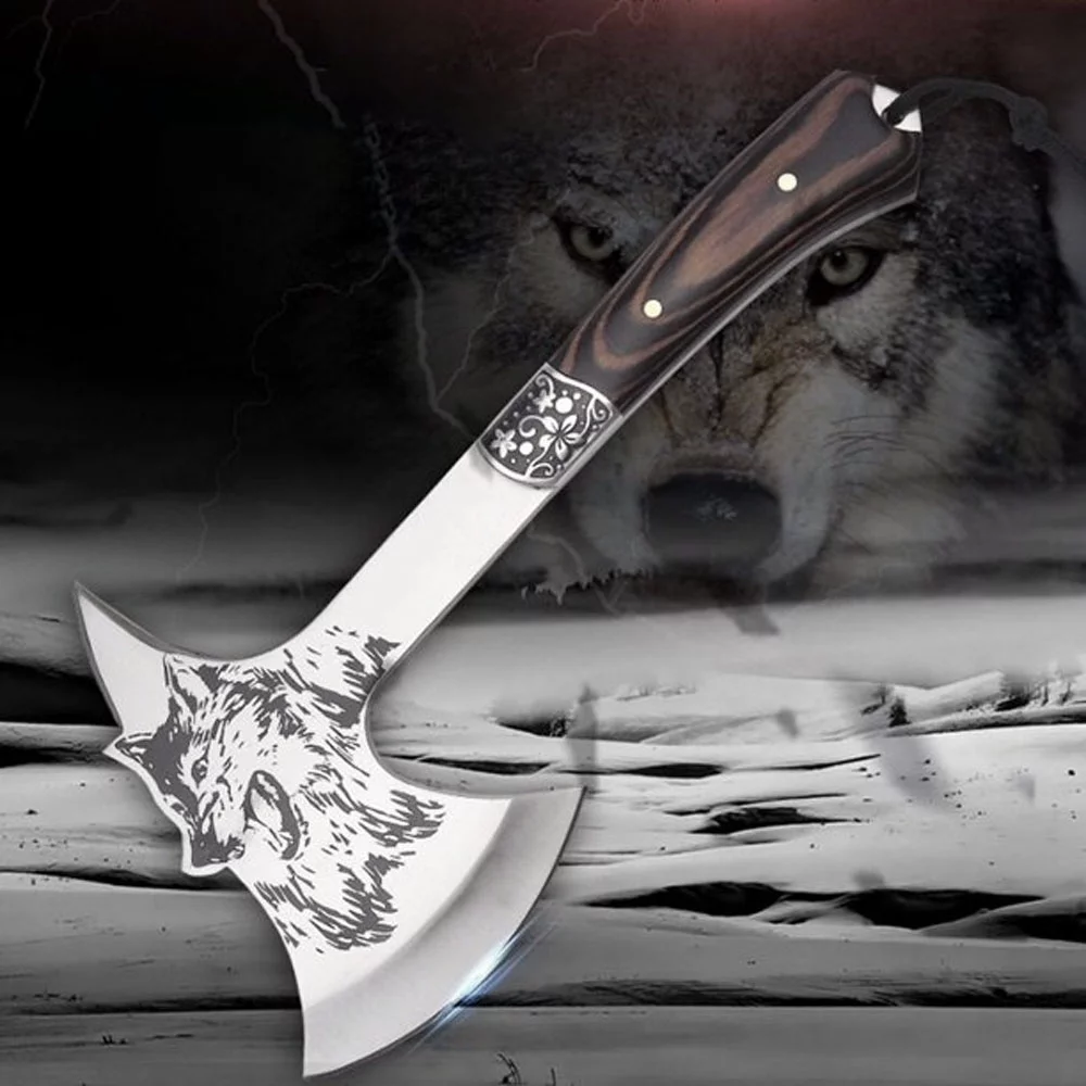 MDHAND 12'' Camp Axe and Hatchet, Wolf Head Decor Survival Tactical Axe with Spike&Nylon Sheath for Outdoor Hunting Camping