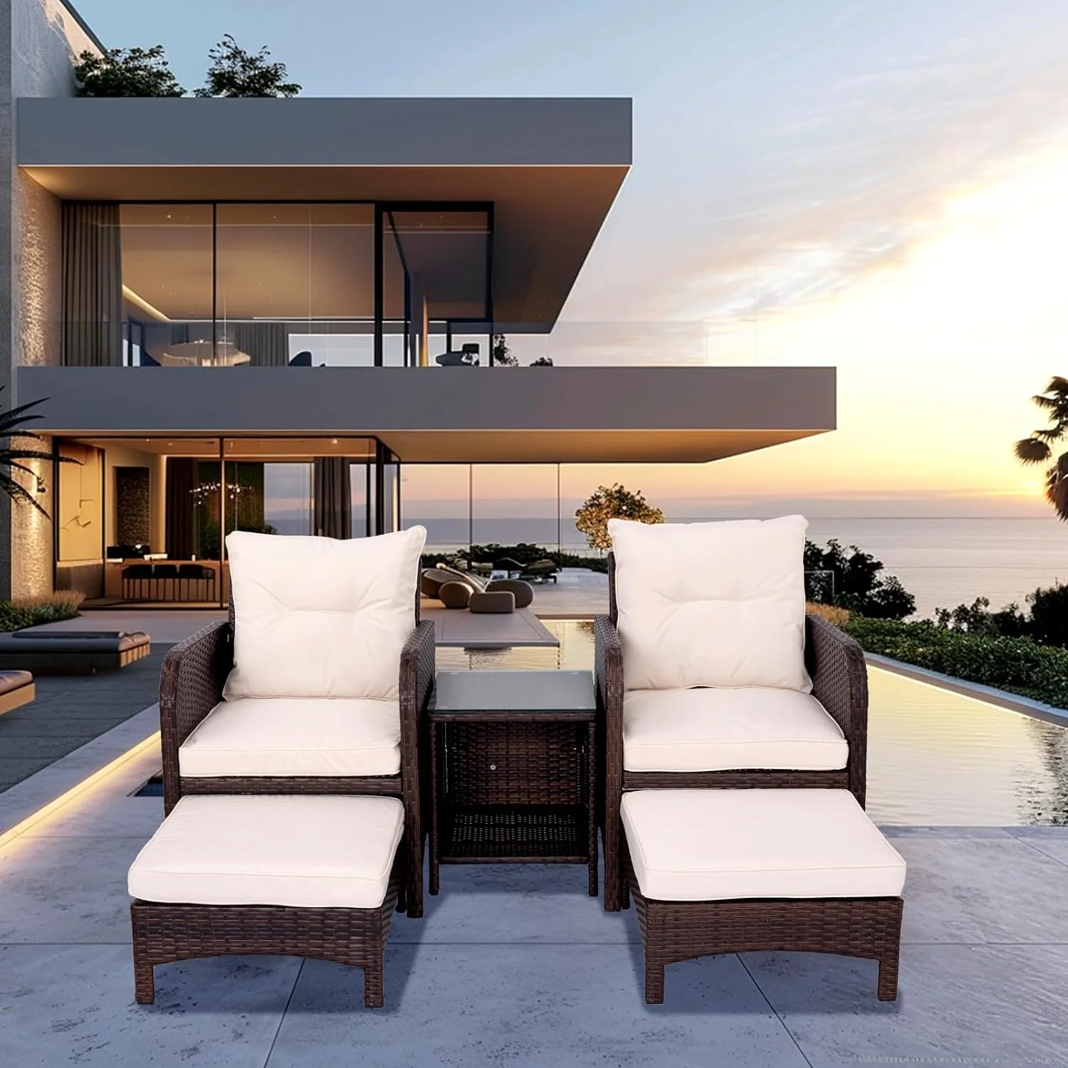 XCRTMY Wicker Patio Furniture Set 5 Pieces Outside Conversation Furniture Set with Ottoman Cushions and Glass Coffee Table Cushioned Patio Chairs with Footrest for Lawn Garden Backyard (O