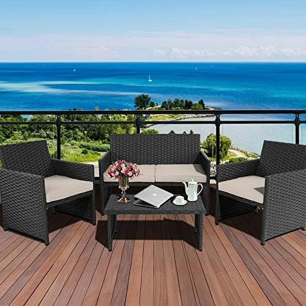 DSZBNUIO 4-Piece Wicker  Set Outdoor Patio Rattan Conversation Sofa & Armchair with Table Turquoise Cushion