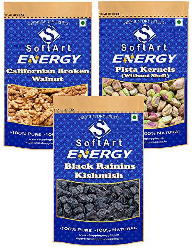 Softart Energy Californian Broken Walnuts, Pistachios Kernels & Black Kishmish (Black Raisins) (250G Each) Vacuum Pack