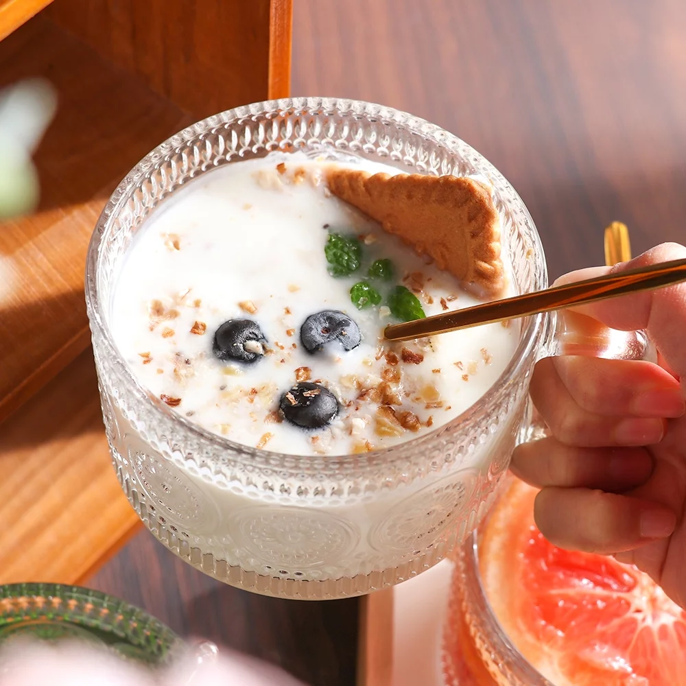 Glass Stackable Coffee Cup Vintage Glass Mugs Set of 4, 14 oz Glass for Coffee, Latte, Cereal, Yogurt, Clear Breakfast Cups with Handle for Hot or Cold Beverages