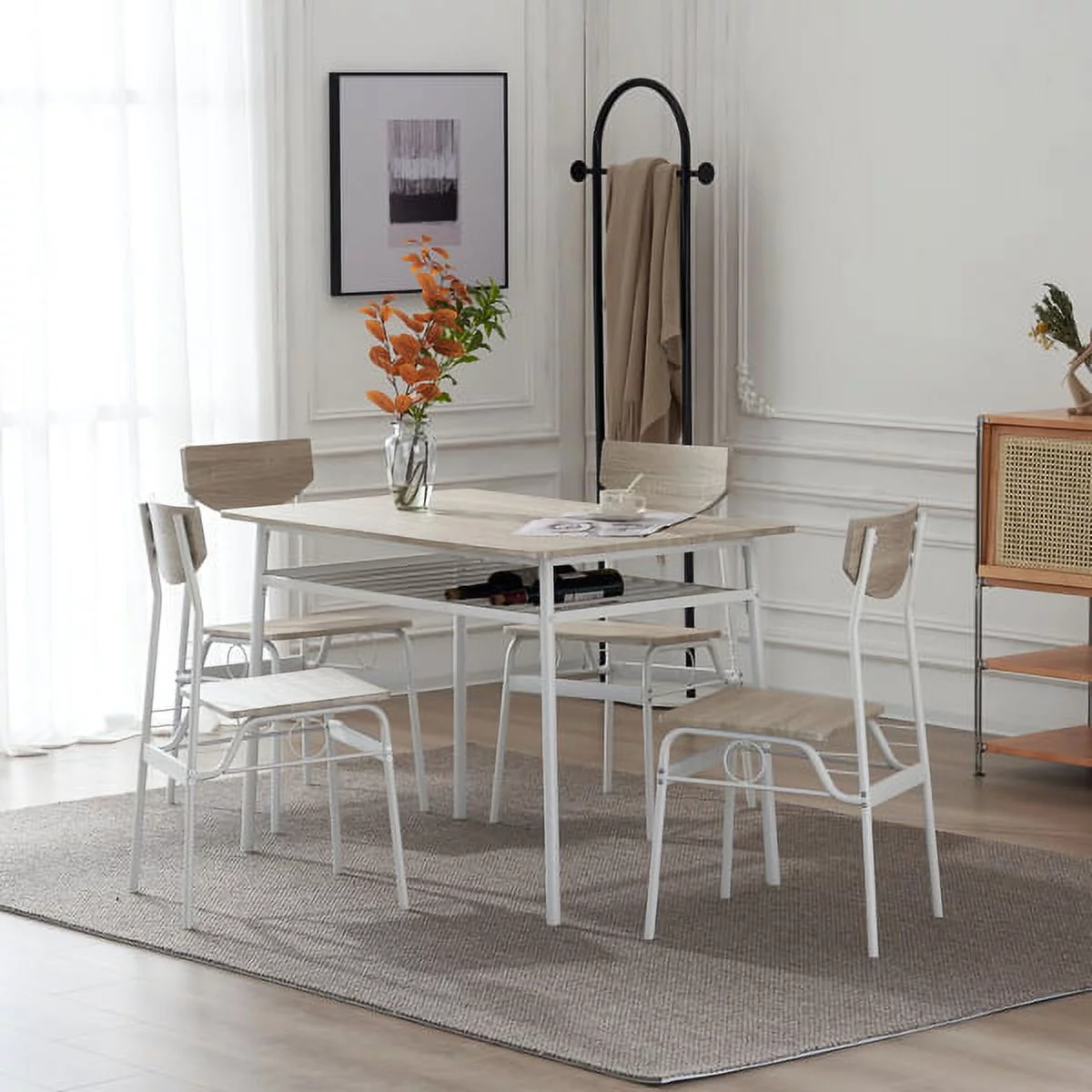 Fithood Rectangular Disassembly and Assembly P2 Board Iron Compartment 1 Table 4 Chairs Dining Table and Chair Set Brown Butternut