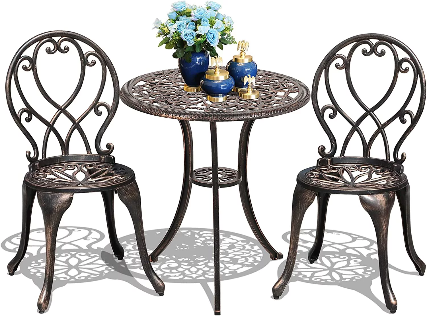 DSZBNUIO 3 Piece Outdoor   All Weather Cast Aluminum Patio Dining Retro  and Chairs with 2\u2019\u2019 Umbrella Hole  Bronze