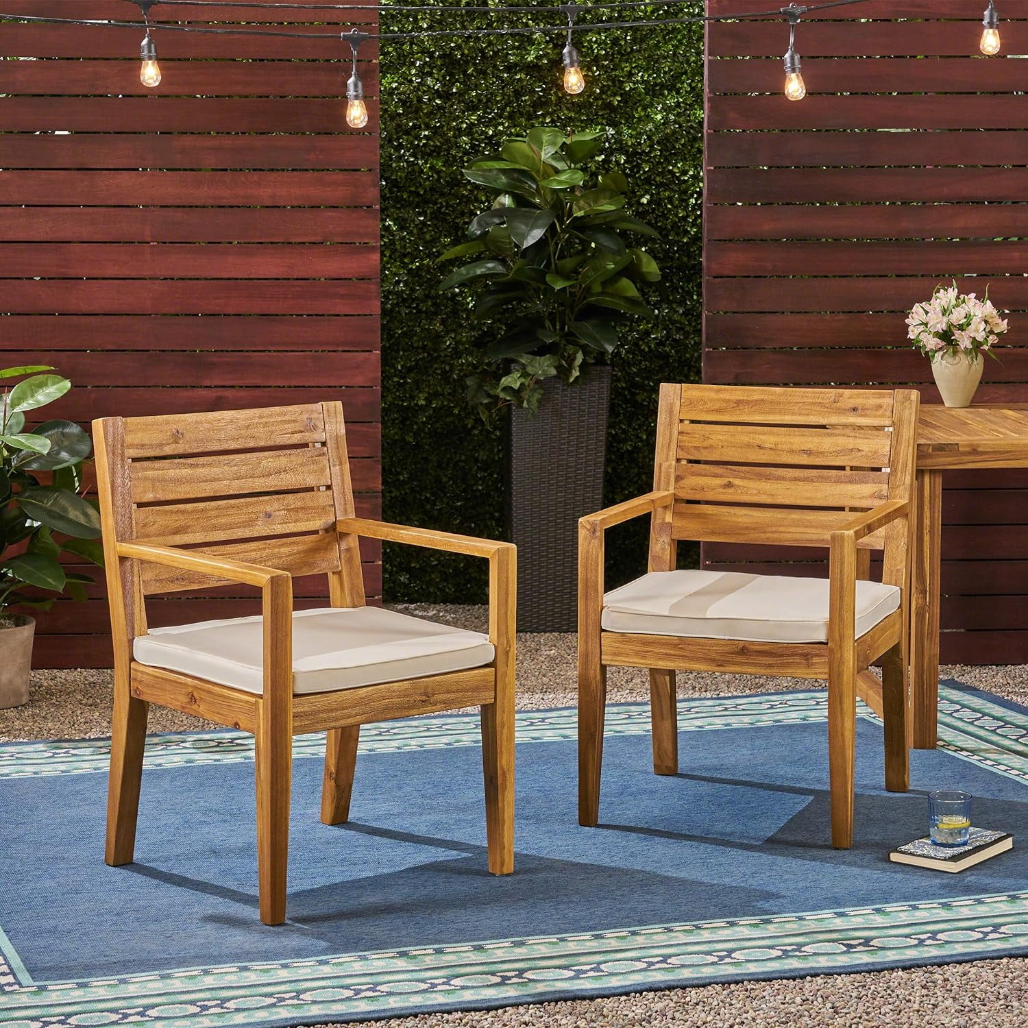 Arely Outdoor Acacia Wood Dining Chairs, Sandblast Natural And Cream (Set Of 2)