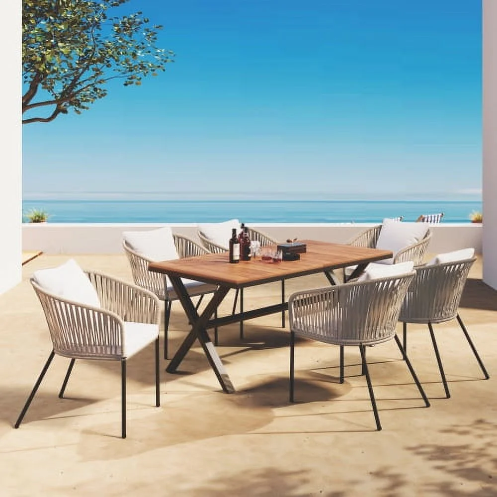 7 Pieces Patio Dining Set, All-Weather Outdoor Furniture Set with Dining Table and Chairs, Acacia Wood Tabletop, Metal Frame, for for Garden, Backyard, Balcony, Beige