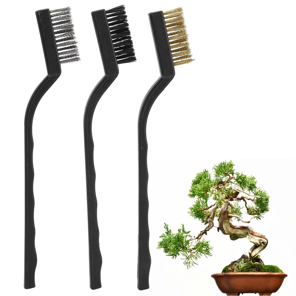 YUMILI Wire Brush, 3Pcs Mini Wire Cleaning Brush, Bonsai Brush with Plastic Handle for Cleaning Tree Trunk Burr Bonsai Brush Garden Cleaning Tool