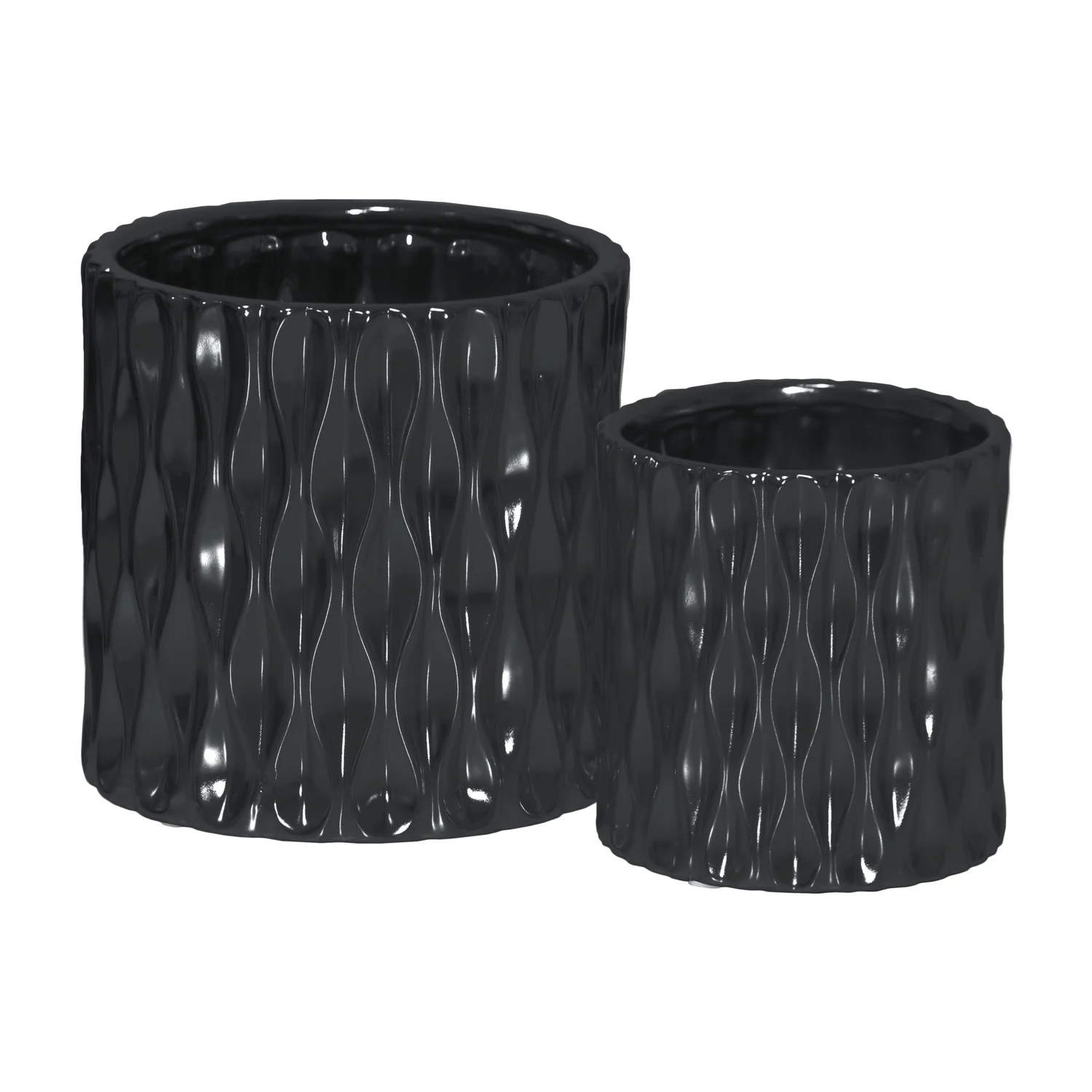 Urban Trends Ceramic Cylindrical Pot wth Wide Mouth and Embossed Wave Design Body Set of Two Matte Finish Black