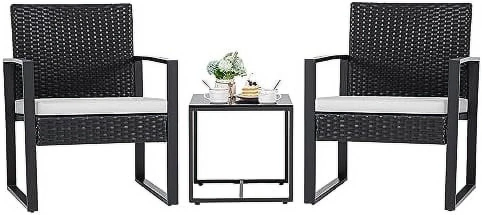 CGFHYP 3 Pieces Patio  Outdoor Wicker Modern Rattan Chair Conversation Sets with Coffee Table for Yard  Bistro(White)