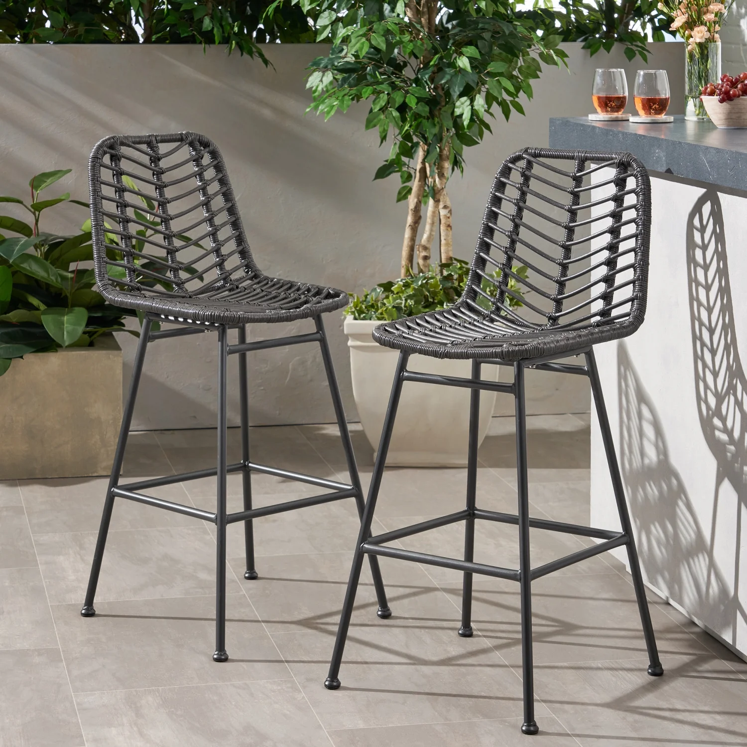 Elegant and Stylish Sawtelle Outdoor Wicker Barstools - Set of 2  Perfect for Entertaining and Relaxing on Your Patio or Deck
