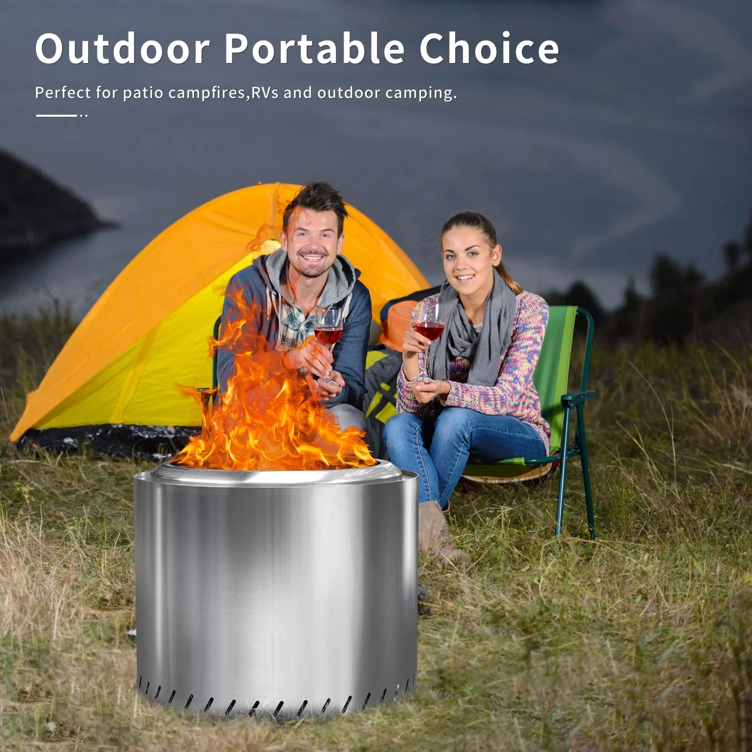 GFCIJMBD 19” Smokeless Fire Pit Portable Wood Burning Fireplace with Removable Ash Pan  Large Outdoor Firepit - Stainless Steel