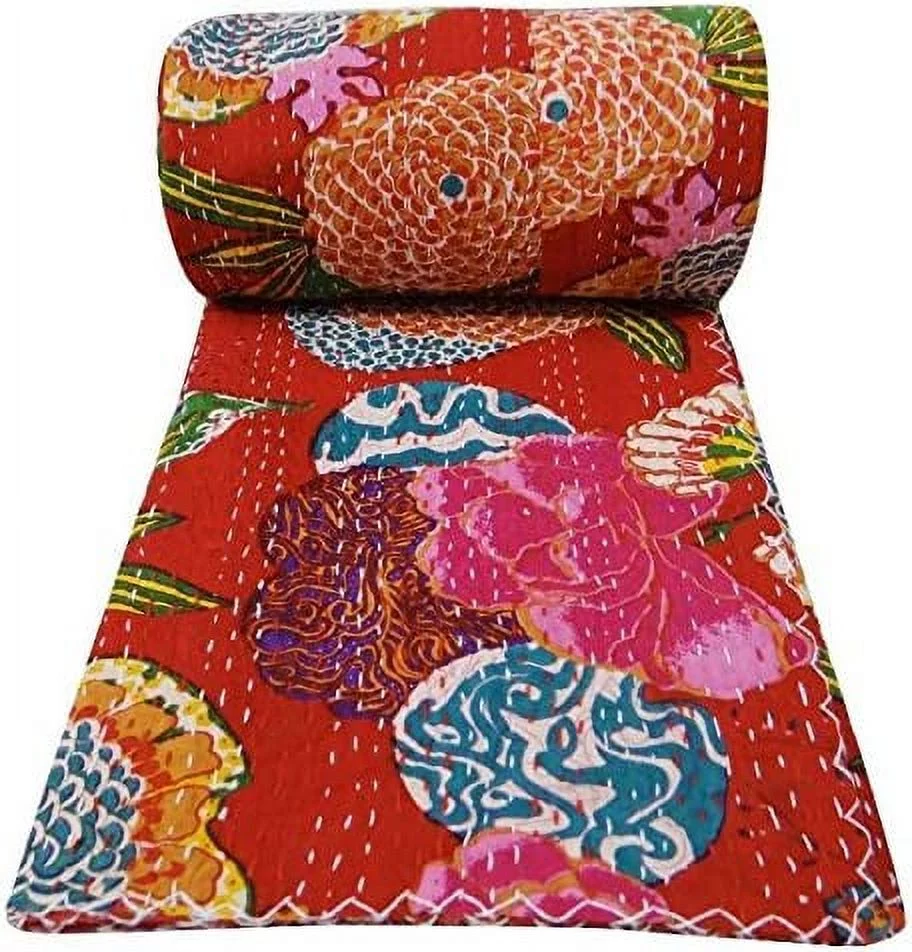 Indian Handmade Kantha Fruit Floral Print Bedding Bedspread Quilt Throw Pure Cotton Twin/Queen Size Blanket Bed Cover Gudri
