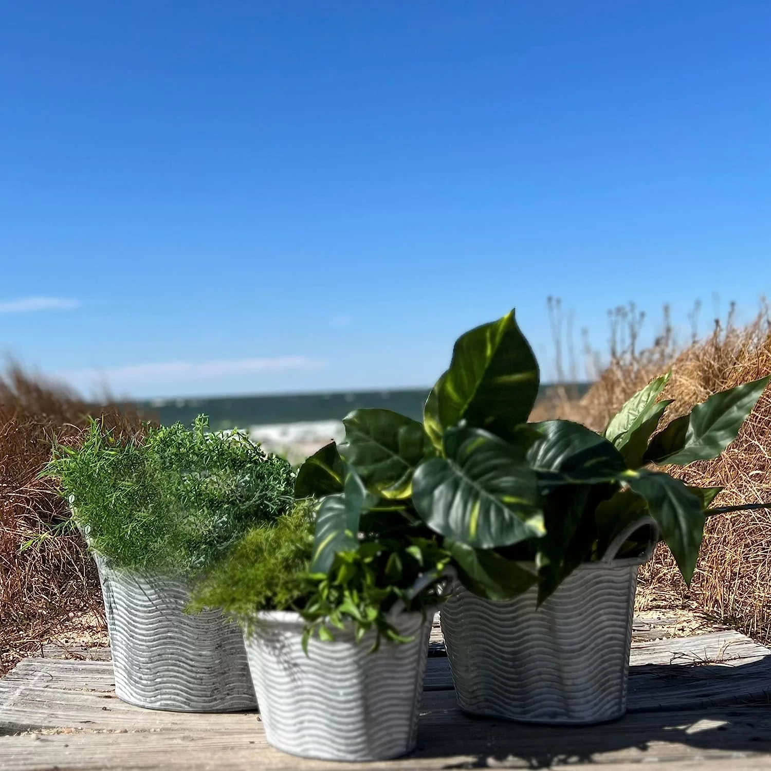 3 Piece Corrugated Wave Planter Set, Shabby White Washed, Pale Grey, Metal, Oval Cache Pots, 12.5, 11.5, and 9.5 Inches