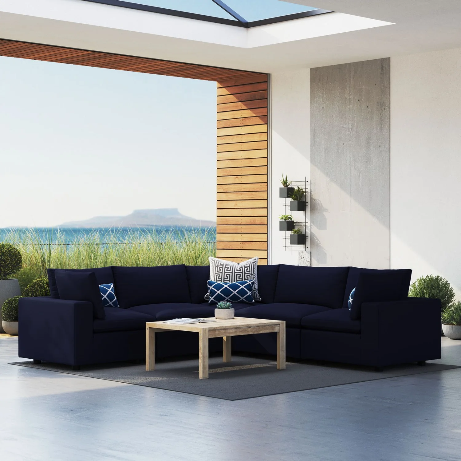 Modular Lounge Sectional Sofa Set, Blue Navy, Fabric, Outdoor Patio Balcony Cafe Bistro Garden Hospitality Restaurant, Modern Contemporary HB33846