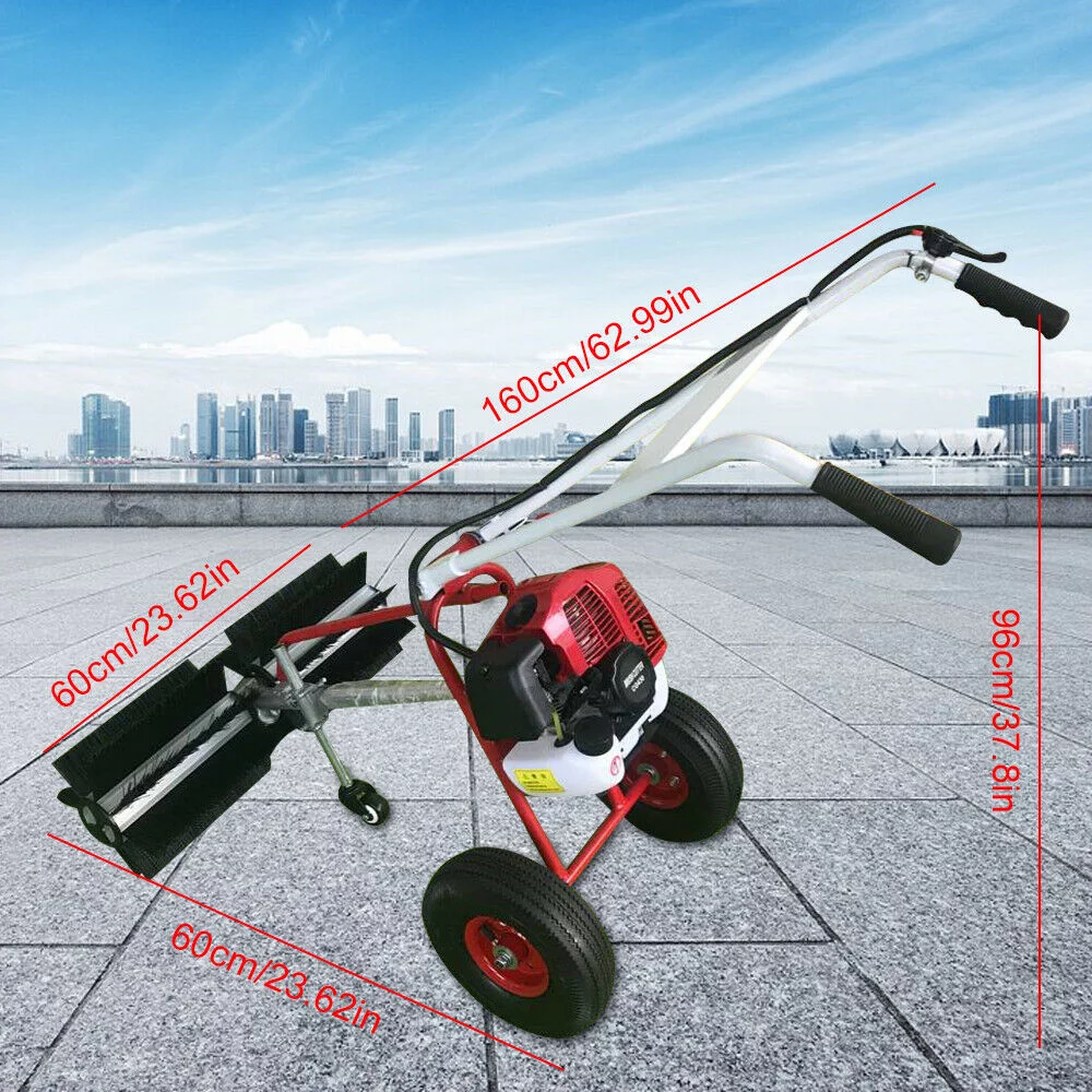 DENEST 1.7HP Gas Powered Handheld 2 Wheel Sweeper Floor Broom Sweeper Machine Cleaning