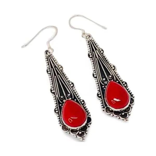 Natural Coral Earring, Womens Drop Earring, 925 Sterling Silver Earring, Anniversary Gift For Her, Christmas, Thanksgiving, Genuine Birthstone, Silver Drops, Oxidized Earring, Handmade Tibetan Jewelry