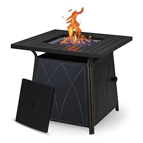 28 Inch Gas Table, 50000 BTU Square Outdoor Propane Table With Lid And Blue Fire Glass For Patio, Backyard And Garden, Black