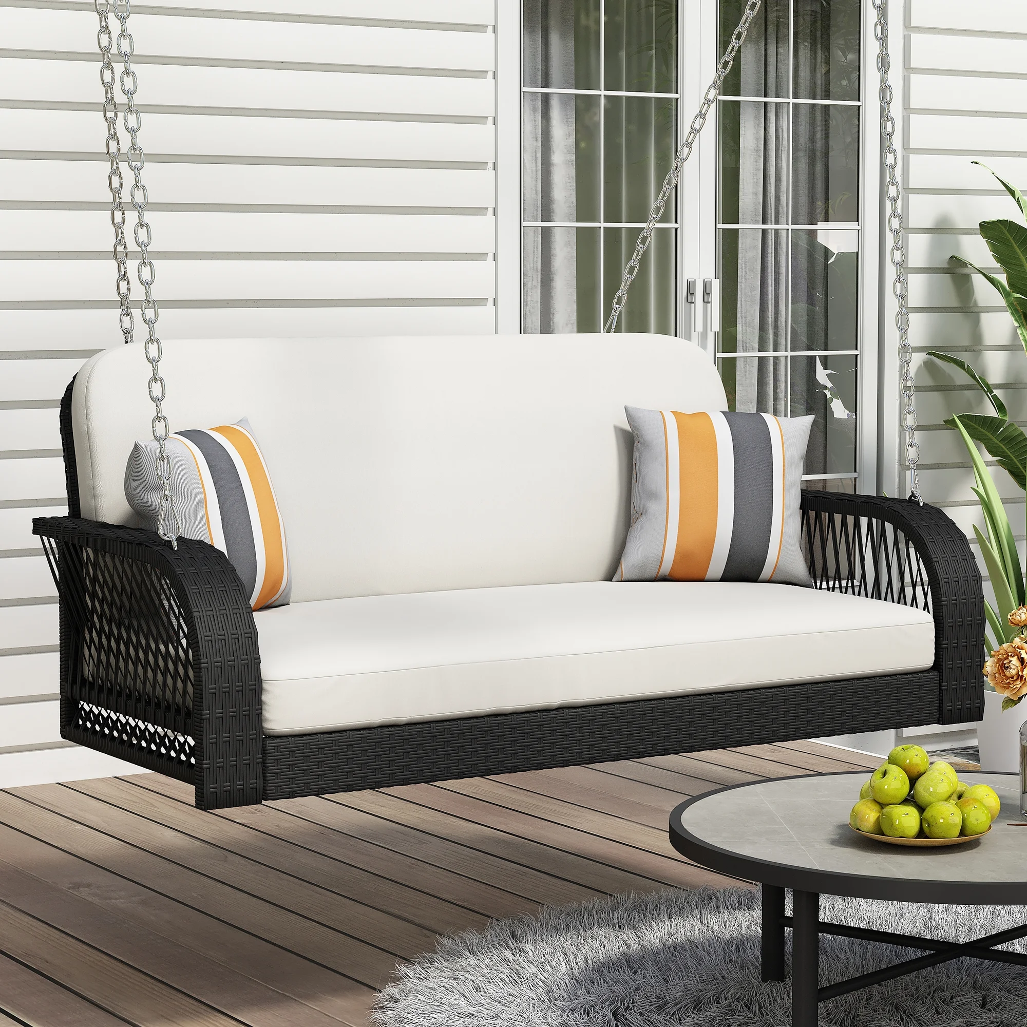 Swing 2-Seater Hanging Bench With Chains Patio Furniture Swing For Backyard Garden Poolside Black And Beige
