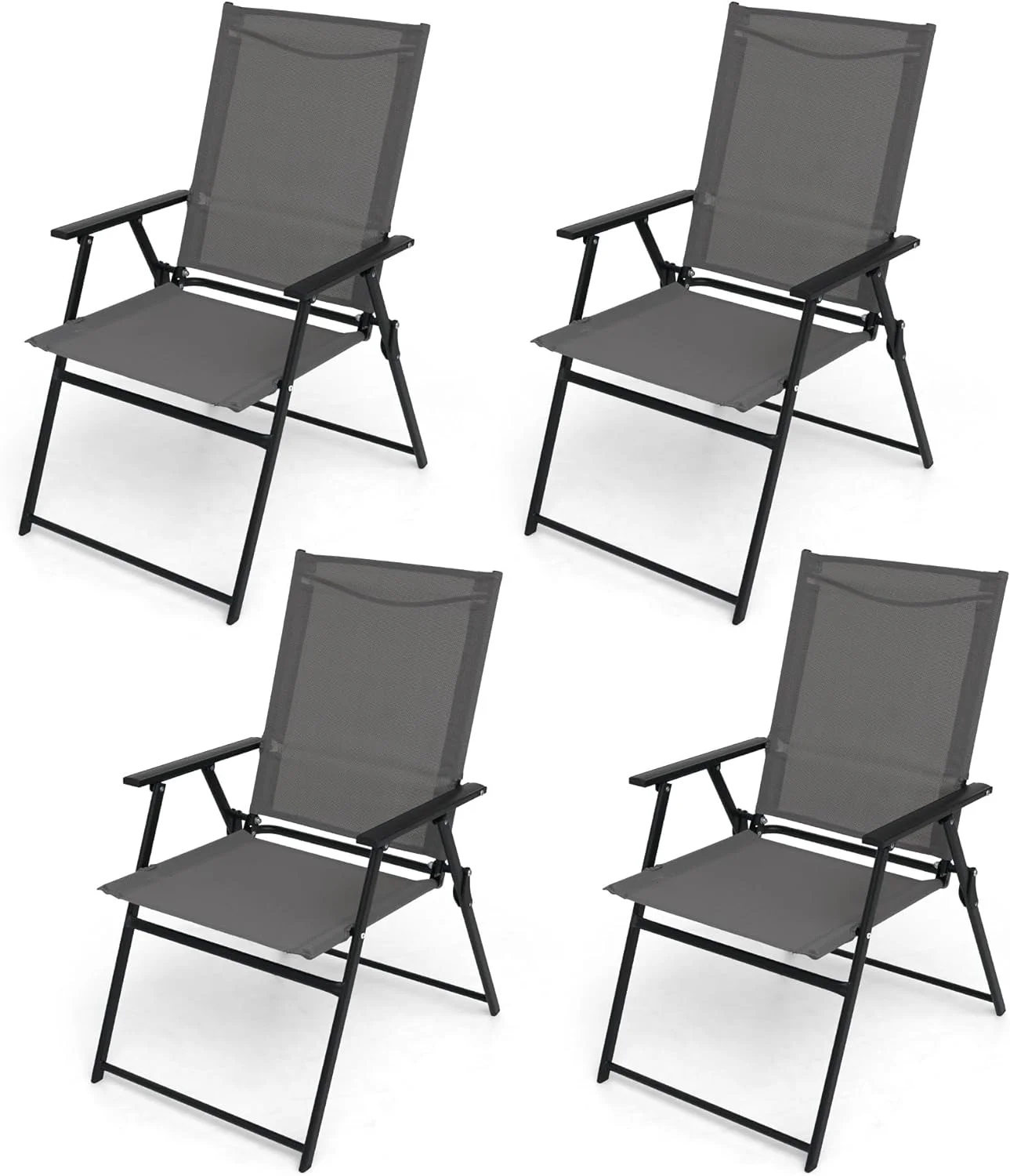 4 Pcs Patio Dining Chairs with Armrests Folding Outdoor Chairs Used for Camping Garden Backyard Pool Porch - Lightweight Grey Sling High Back