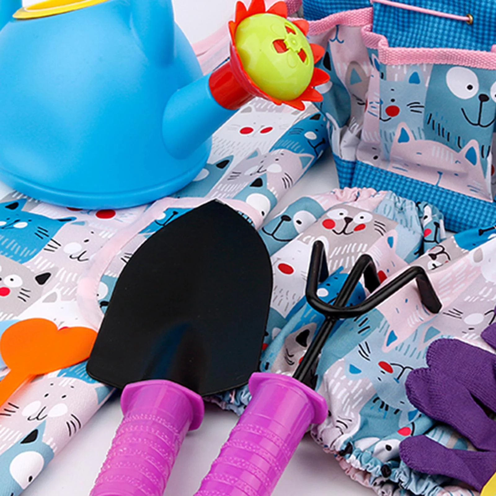Kids Garden Tool Set, 6 Grounding Stakes, Blue Watering Can, Toddlers Gloves Cat Pattern Apron Child Rake Toys Birthday with Handbag Hand Tools