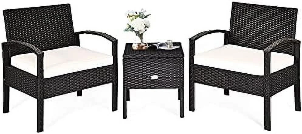 LNSETGC 3 Piece Outdoor Chairs   Wicker Patio Porch Chairs with Coffee Table  Patio Bistro Sets with Washable & Thick Cushion   LBS Weight Capacity  Great for Outside  Porch  Balcony