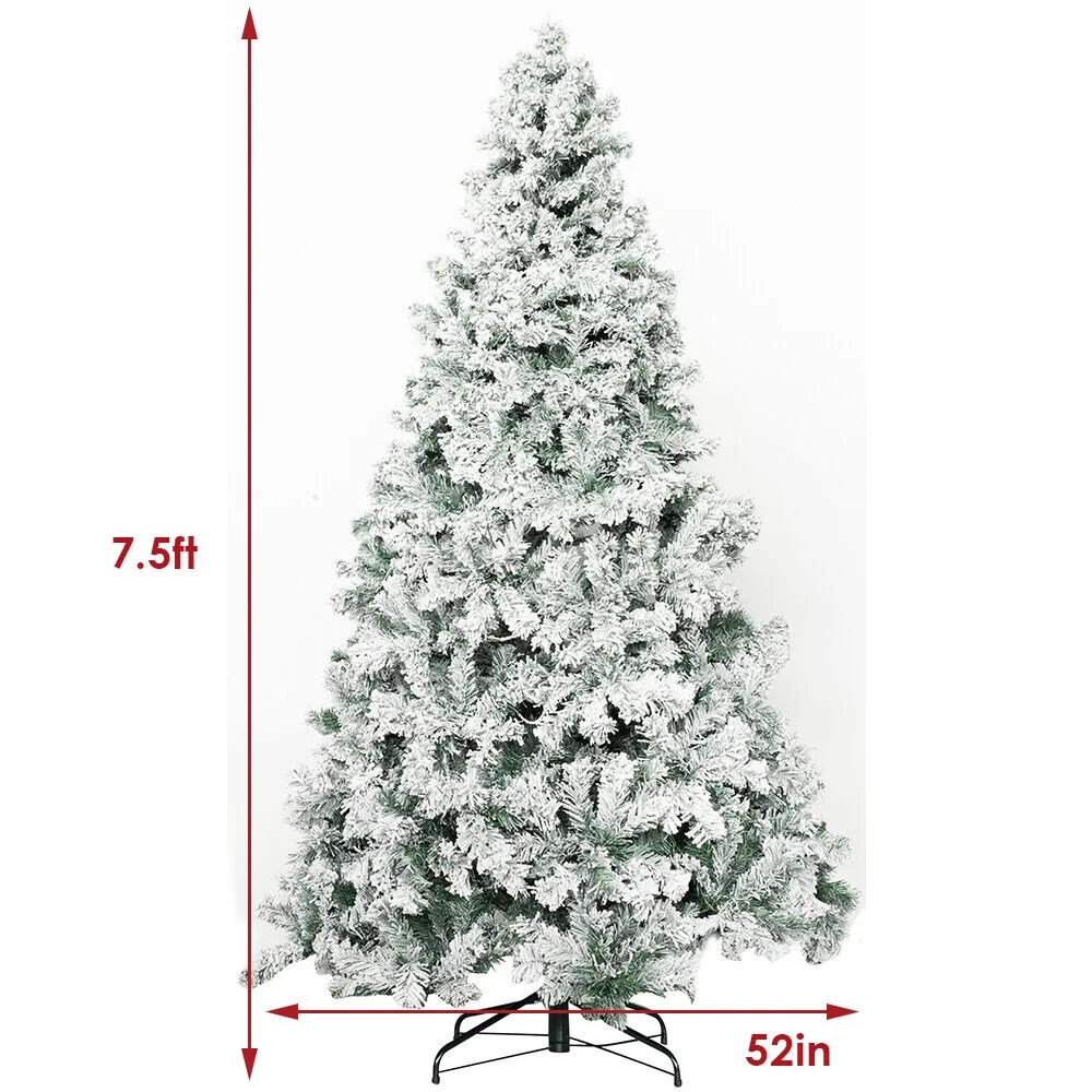 Roamrider 7.5ft Snow Flocked Christmas Tree Pre-Lit White Artificial Hinged Bushy Spruce