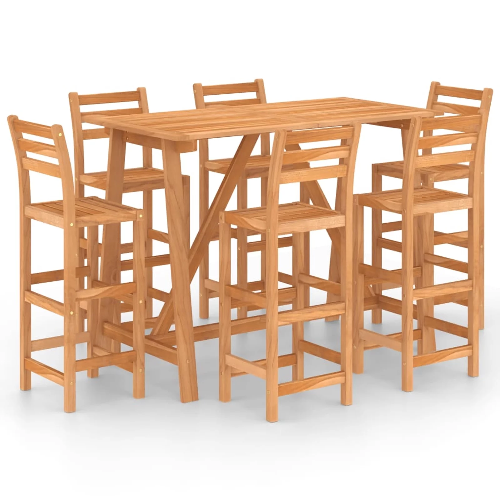 Dcenta 7 Piece Patio Bar Set Acacia Wood Bar Table and 6 Wooden Bar Stool Chair with Footrest for Patio, Balcony, Garden, Terrace,  Furniture
