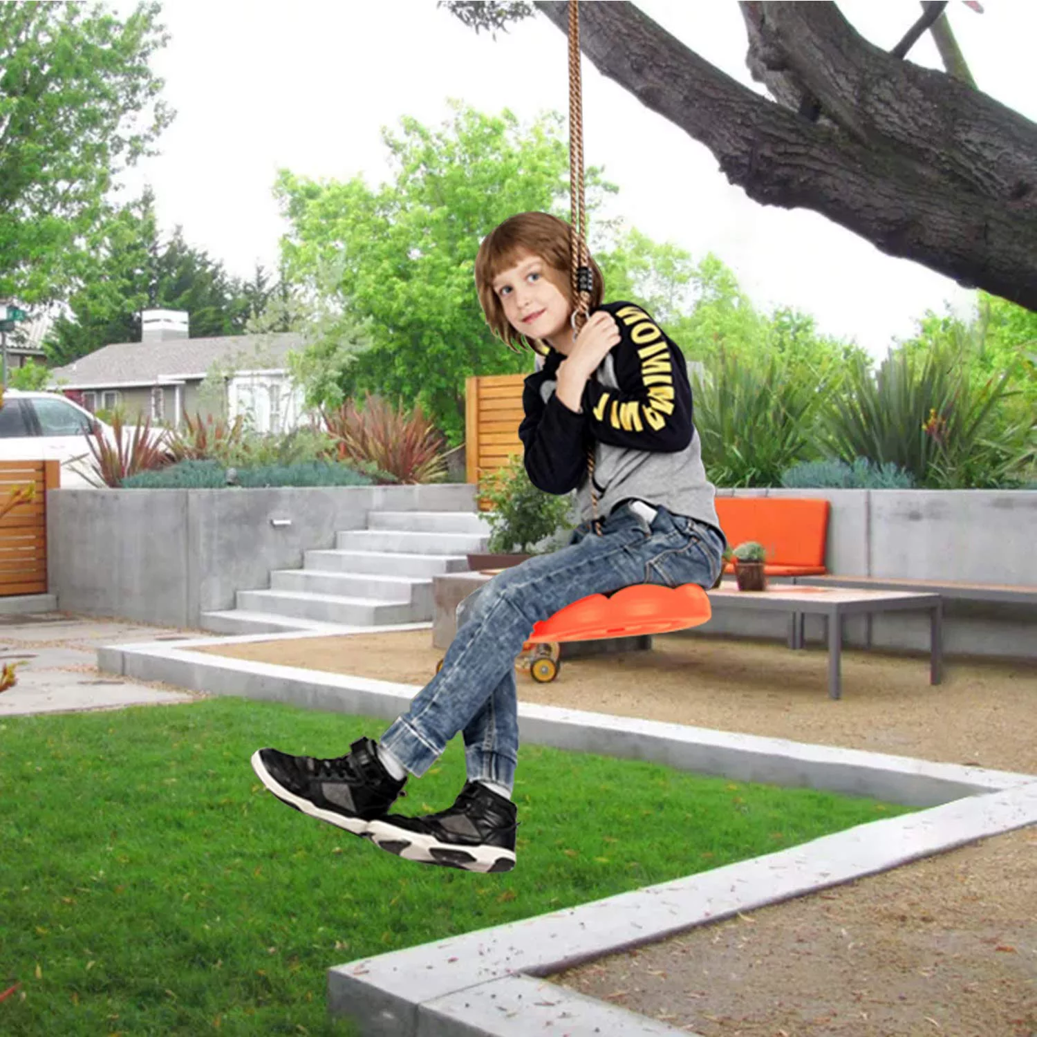 Sorbus Disc Seat Swing - Kids Monkey Rope Tree Zip Line Swings for Play Set, Tree, Outdoor Backyard, Playground Fun, Orange