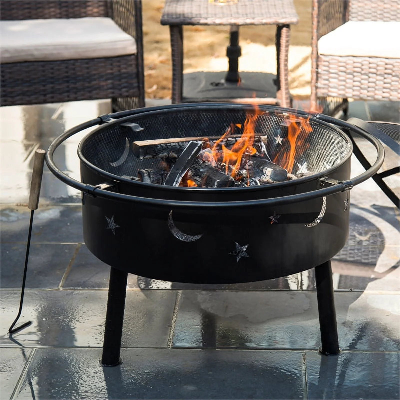 Hampton Star and Moon Steel Wood Burning Fire Pit in Black