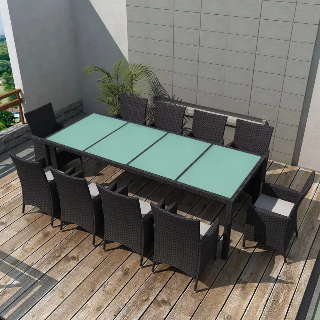 Andoer 11 Piece  Dining Set with Cushions Poly Rattan Black