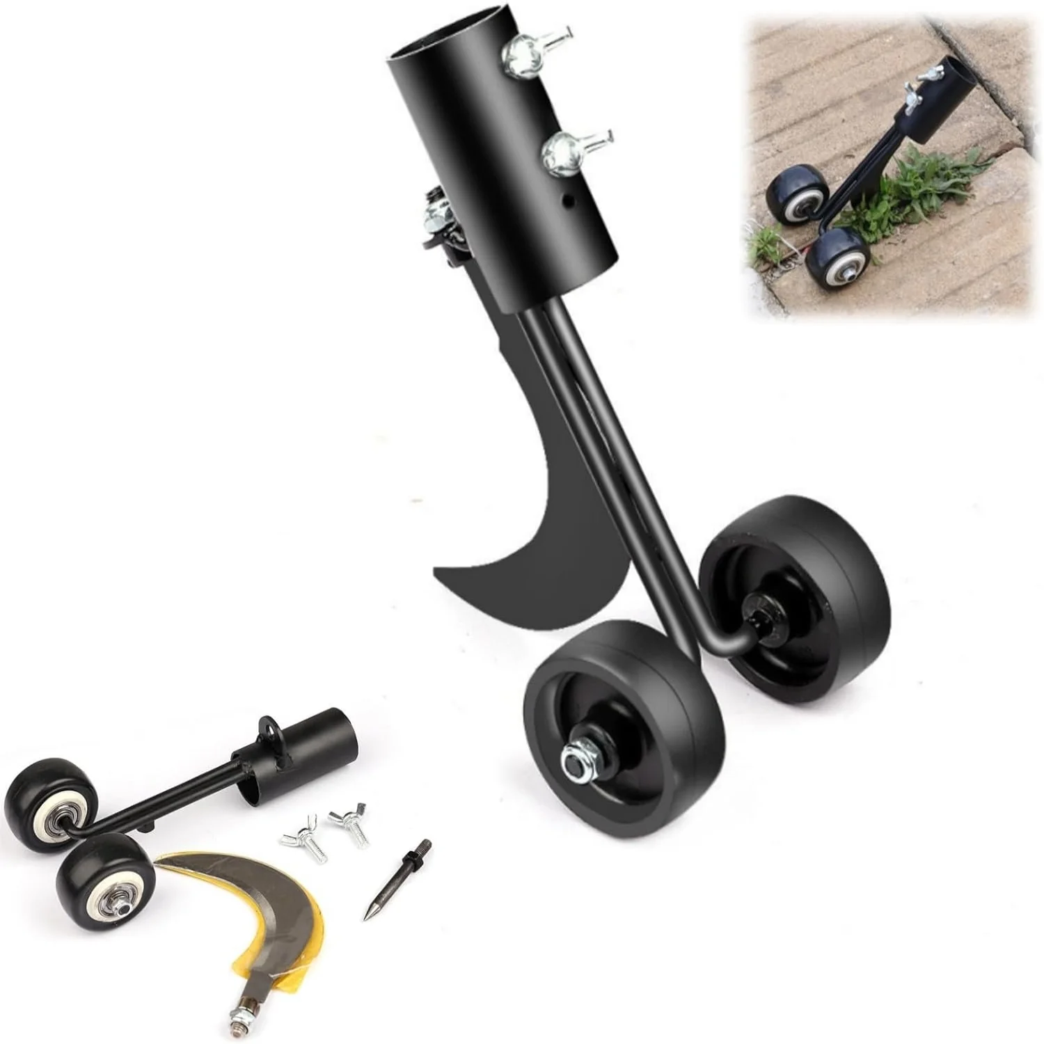 Adjustable Sidewalk Cracks Weeding Cleaning Tool Garden Detachable Stand Up Manual Weeding Tool with Wheels Outdoor No Bend Grass Weed Puller (Curved)