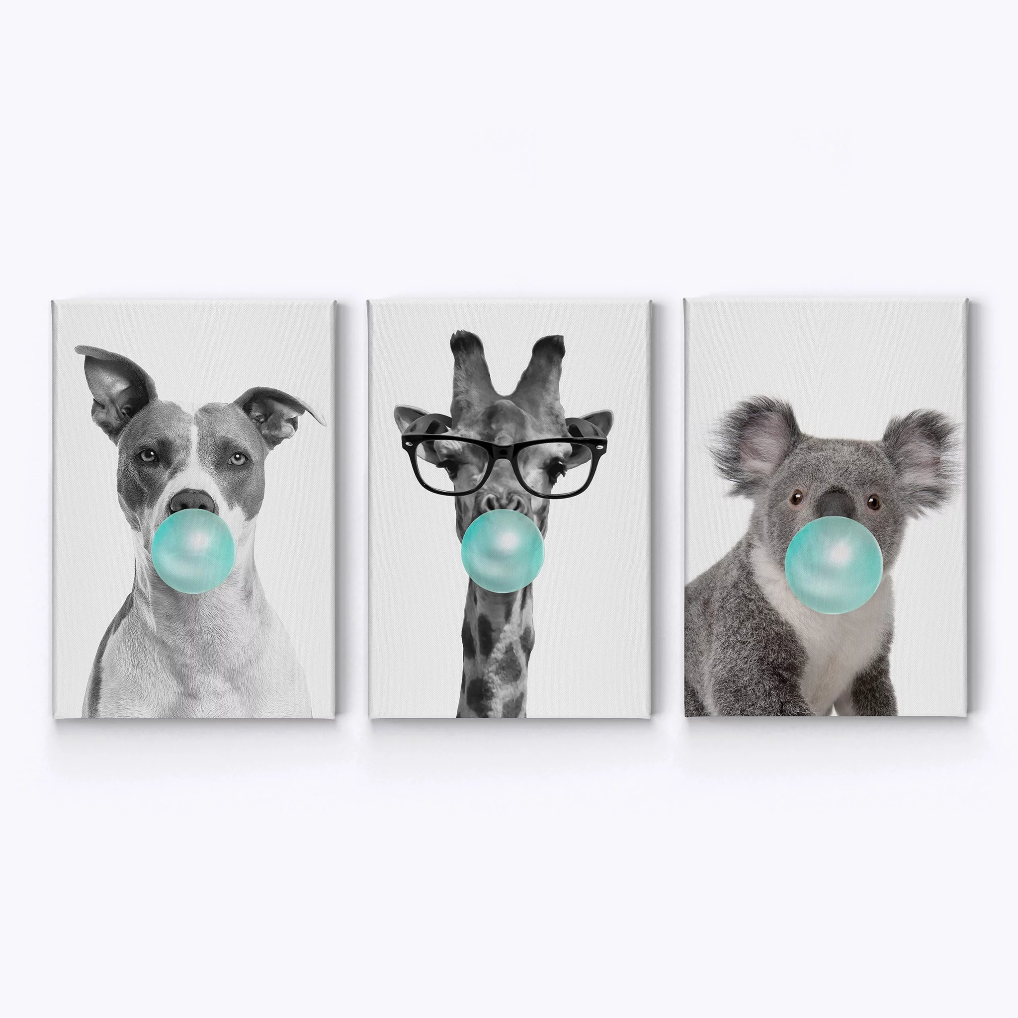 Smile Art Design Dog Giraffe Koala Animal Bubble Gum Art 3 PANEL CANVAS PRINT SET Teal Blue Black and White Wall Art Home Decor Pop Art Living Room Kids Room Nursery Ready to Hang Made in USA 28x19
