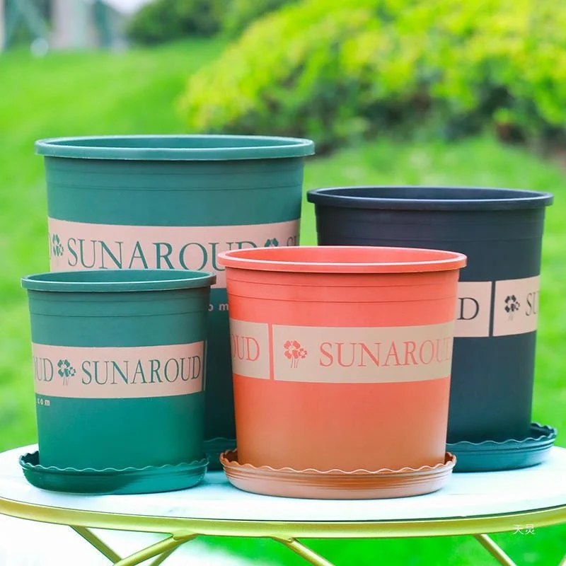 New Gallon Pot Plant Plastic Flower Pot Balcony Balcony Rose Green Dill Round Resin Flower Pot High 1 Gallon [Buy 5 Get 1 Free] Diameter 15.5Cm Real Hair 6 Pots Green (With Tray)-Plastic