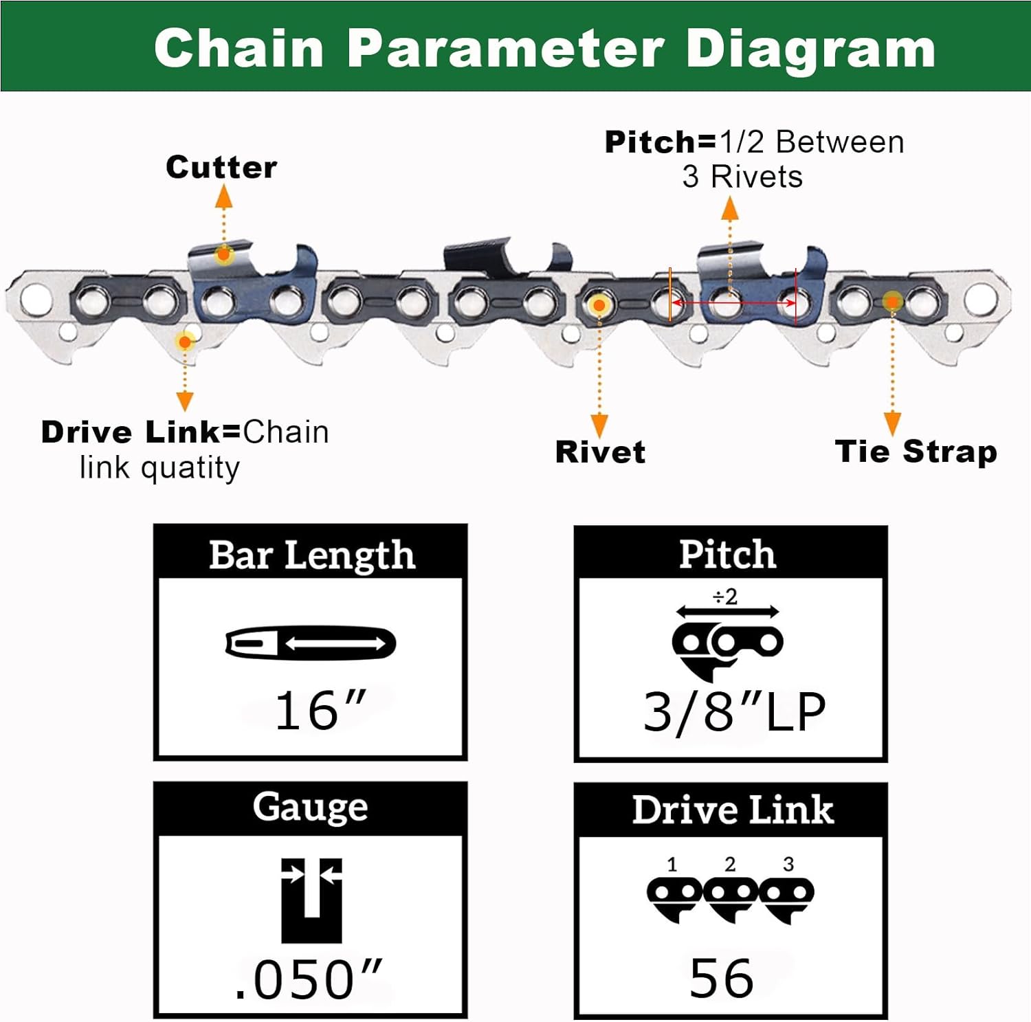 16 Inch Chainsaw Chain 3 Pack - S56 - .050