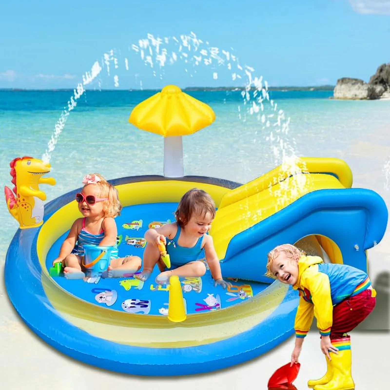 Adofi Dinosaur Inflatable Play Center, Kids Round Wading Swimming Pool with Slide, Dinosaur Sprinkle, Mushroom Shade for Kids Children Summer Outdoor Splish Splash, Garden Backyard Water Park