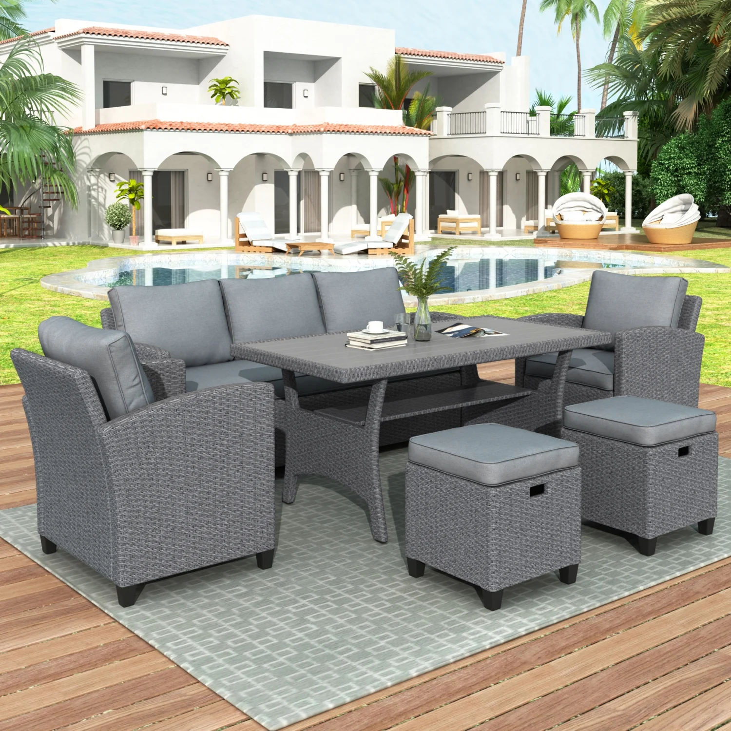 Elegant and Stylish 6-Piece Gray Outdoor Rattan Wicker Set for Patio  Backyard Garden - TOPMAX Furniture Set Includes Sofa  Chair  Stools  and Table with Gray Cushions - Comfortable and M