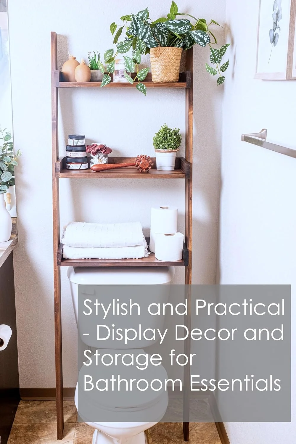 3 Tier Over The Toilet Leaning Ladder Shelf, Rustic Storage Shelves and Bathroom Organizer