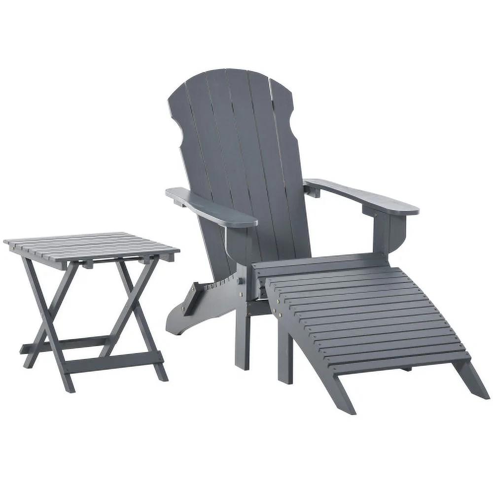 LEIYEHOOM 3-Piece Folding Adirondack Chair with Ottoman and   Outdoor Wooden Fire Pit Chairs w/ High-back  Wide Armrests for Patio  Backyard  Garden  Lawn   Gray