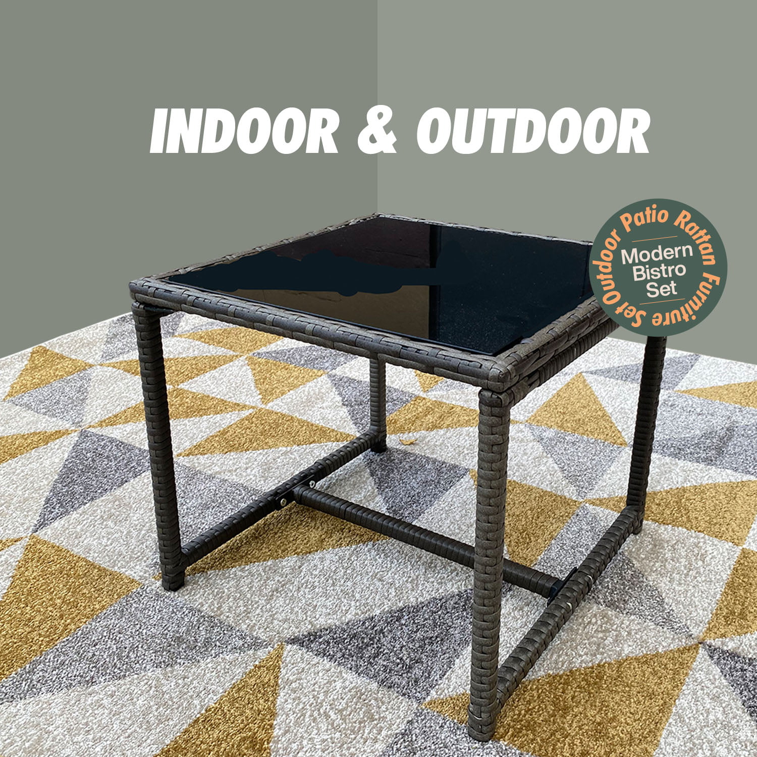 Grace 3-Piece Modern Rattan Patio Furniture Set -Two Plush Cushioned Chairs With Solid Glass Coffee Table - Light Blue