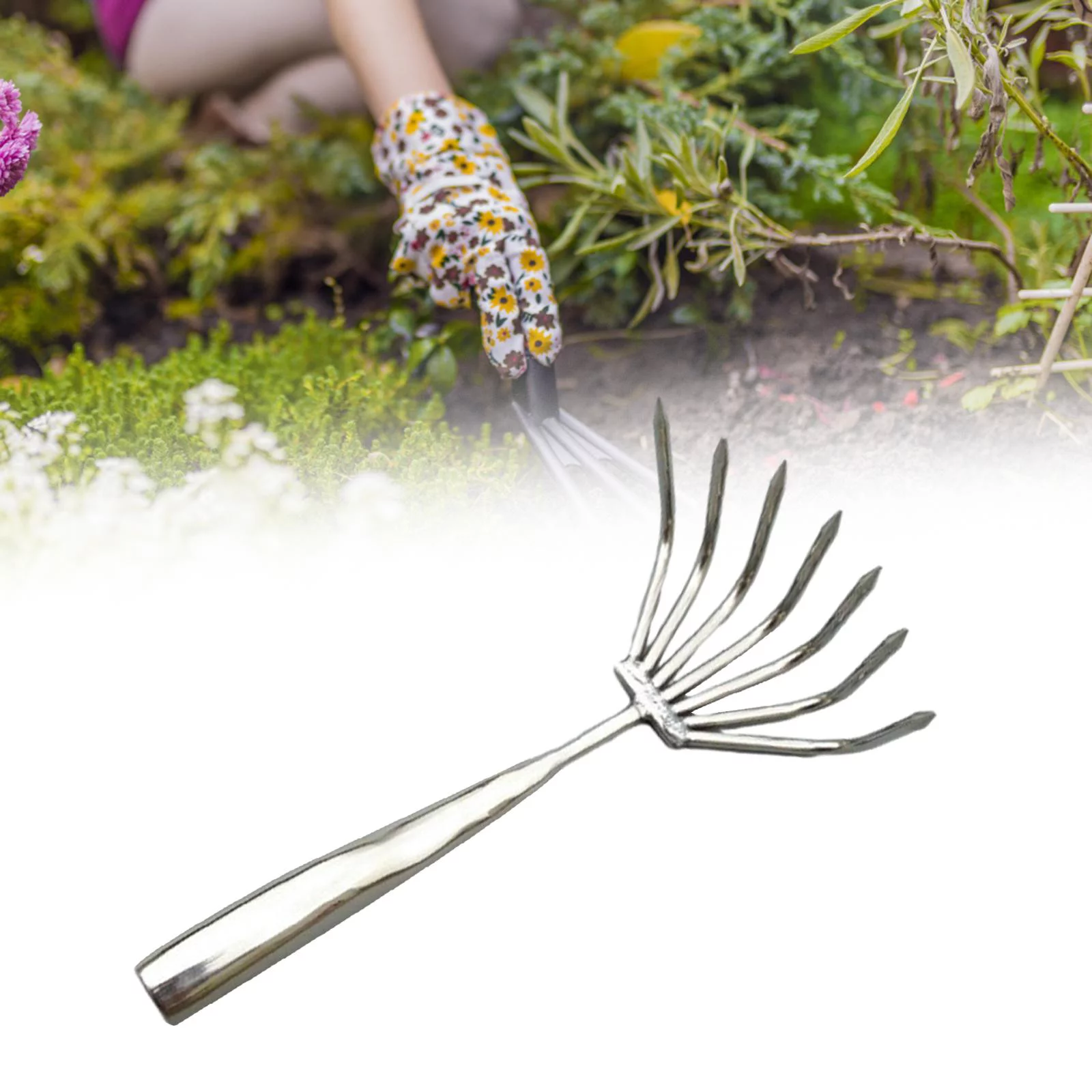 Hand Rake Gardening Leaf Rake Comfort Handle ,Handheld Claw Rake Soil Tiller ,Metal Shrub Rake for Mulch Loosening Soil Grass Lawn Weeding 7 Tines